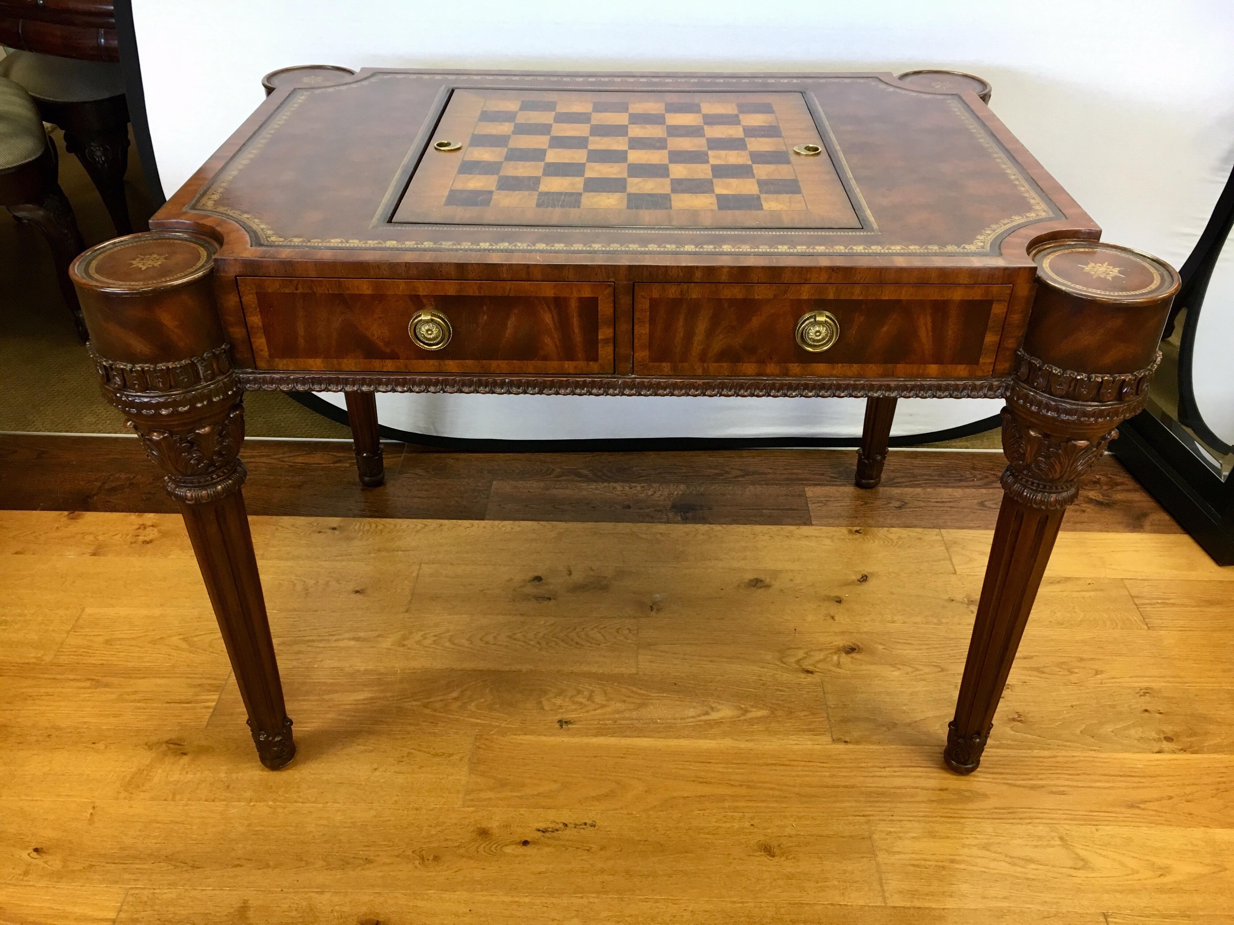 Magnificent signed Maitland-Smith four drawer game table with leather top and multiple game combinations with floating top. Comes with accessories to play all your favorite games. Incredible
carvings throughout.