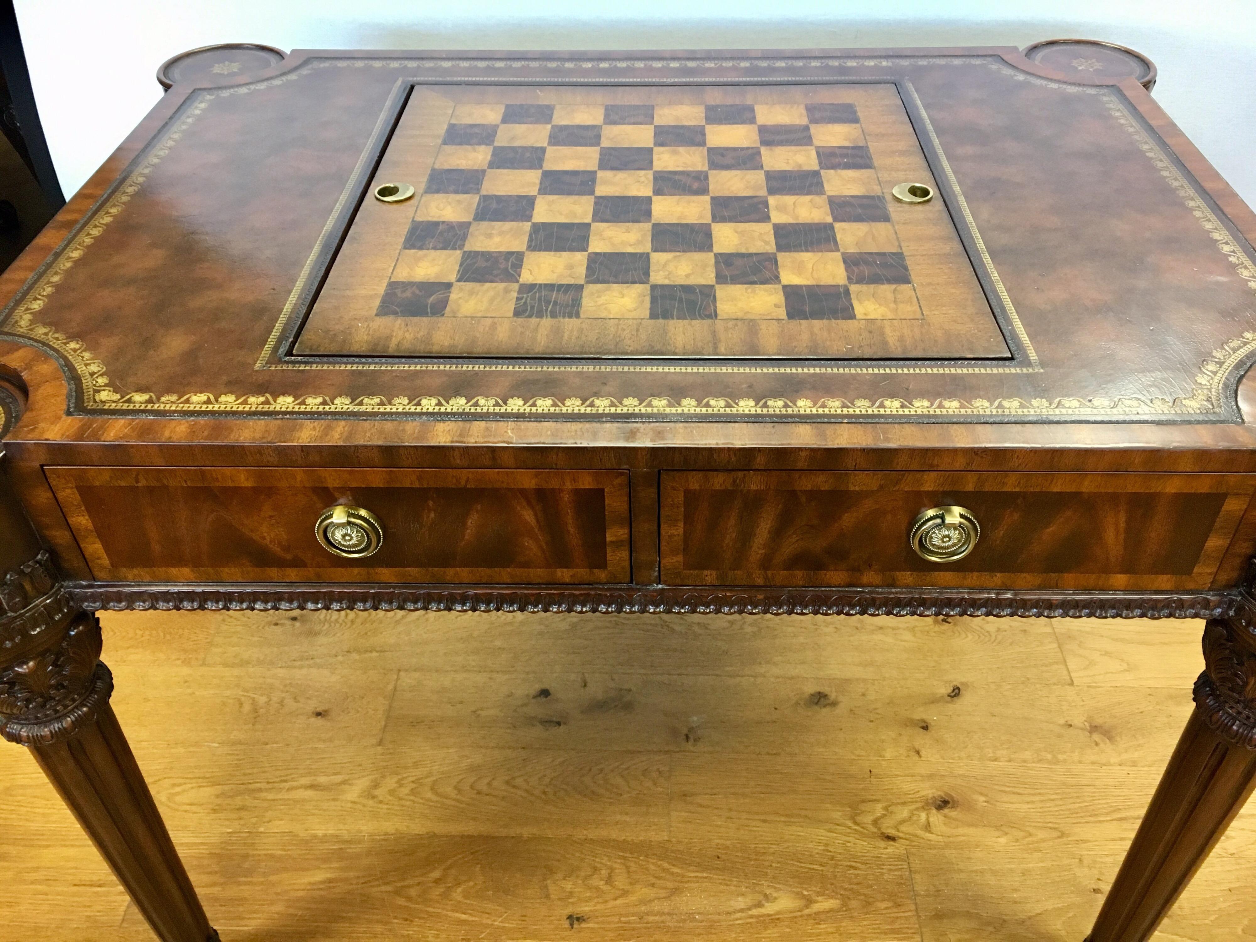 Maitland-Smith Carved Mahogany Game Table with Leather Top In Good Condition In West Hartford, CT