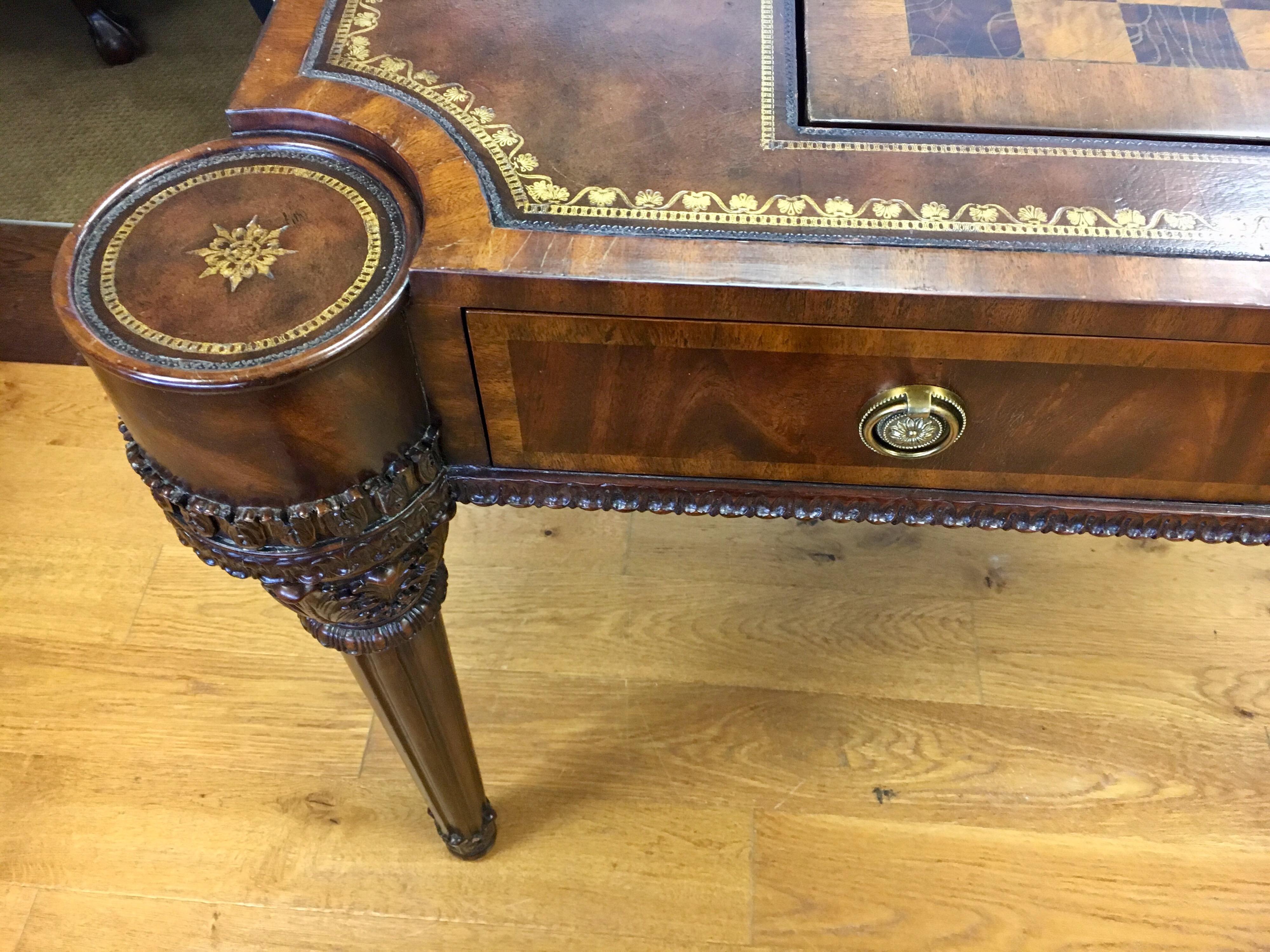 Late 20th Century Maitland-Smith Carved Mahogany Game Table with Leather Top