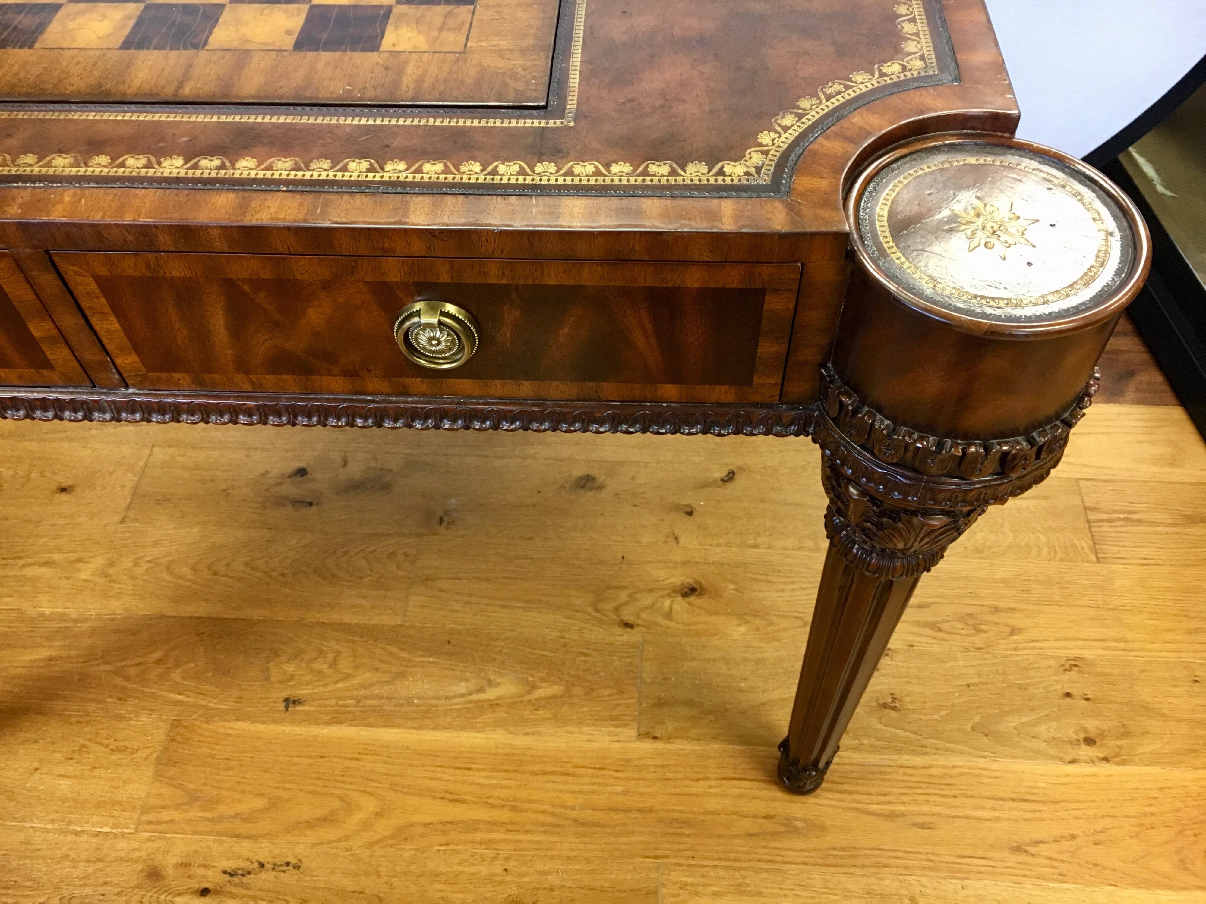 Brass Maitland-Smith Carved Mahogany Game Table with Leather Top