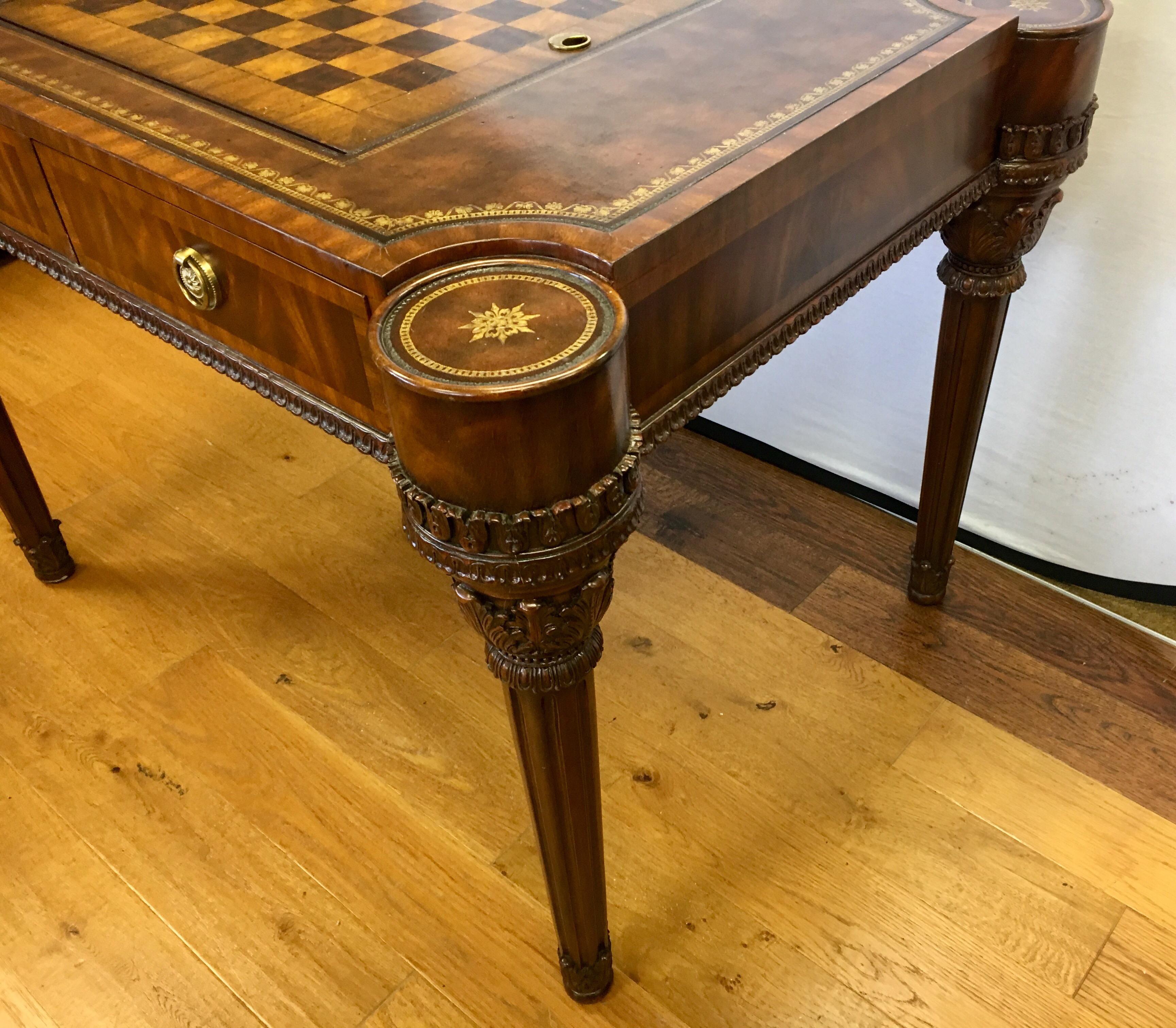 Maitland-Smith Carved Mahogany Game Table with Leather Top 1