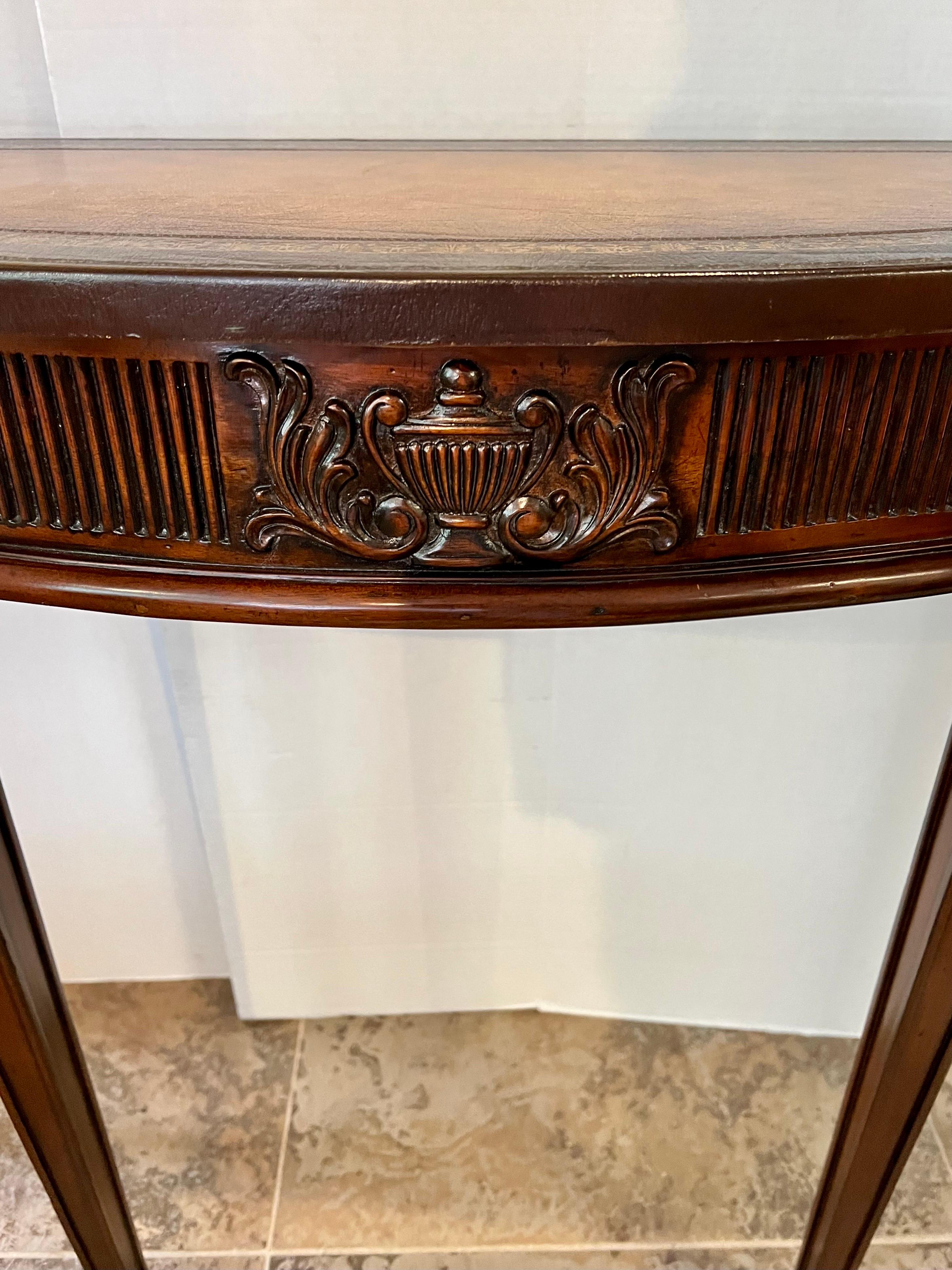 Maitland Smith Carved Mahogany Leather Top Console Table In Good Condition In West Hartford, CT