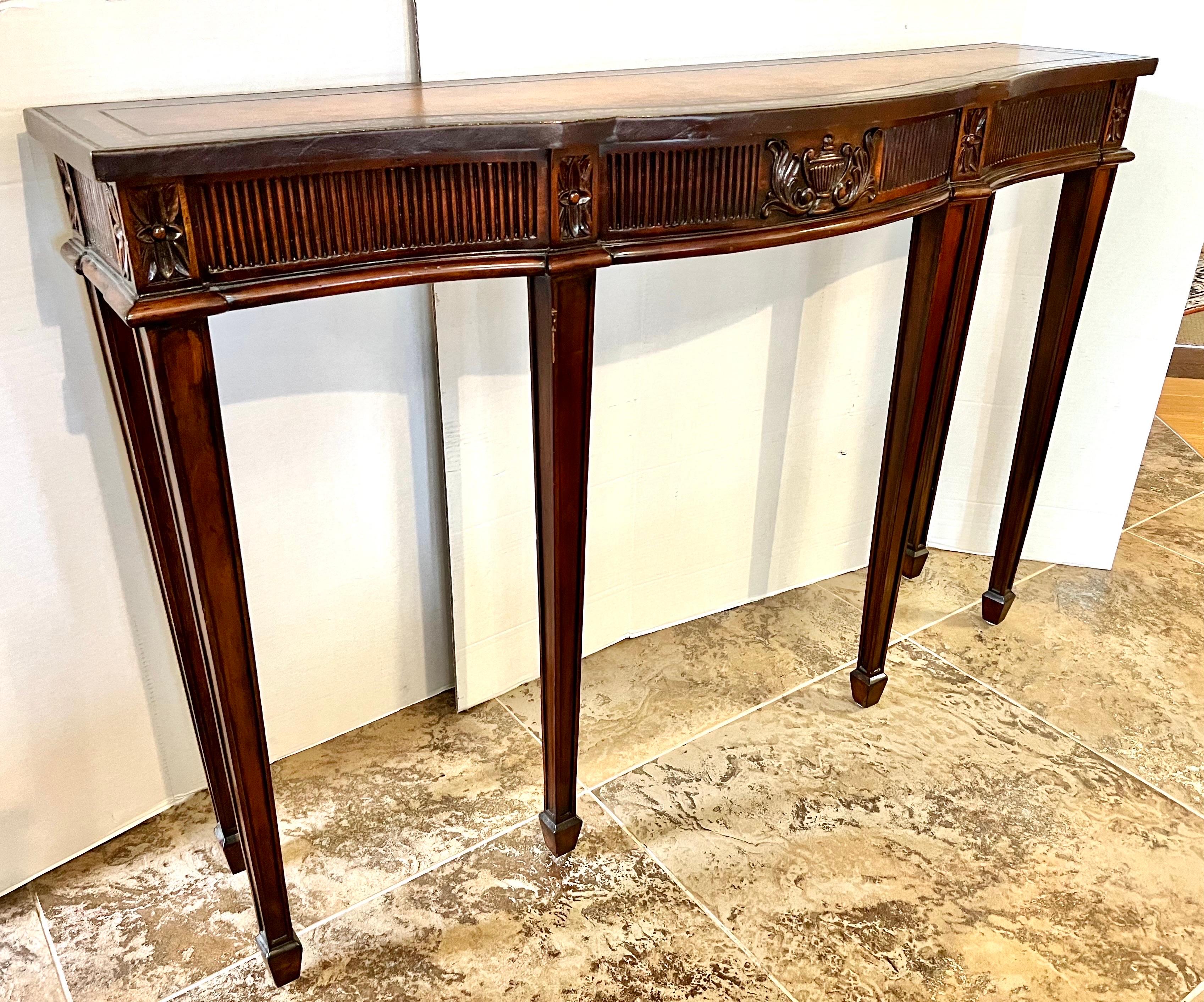 Contemporary Maitland Smith Carved Mahogany Leather Top Console Table