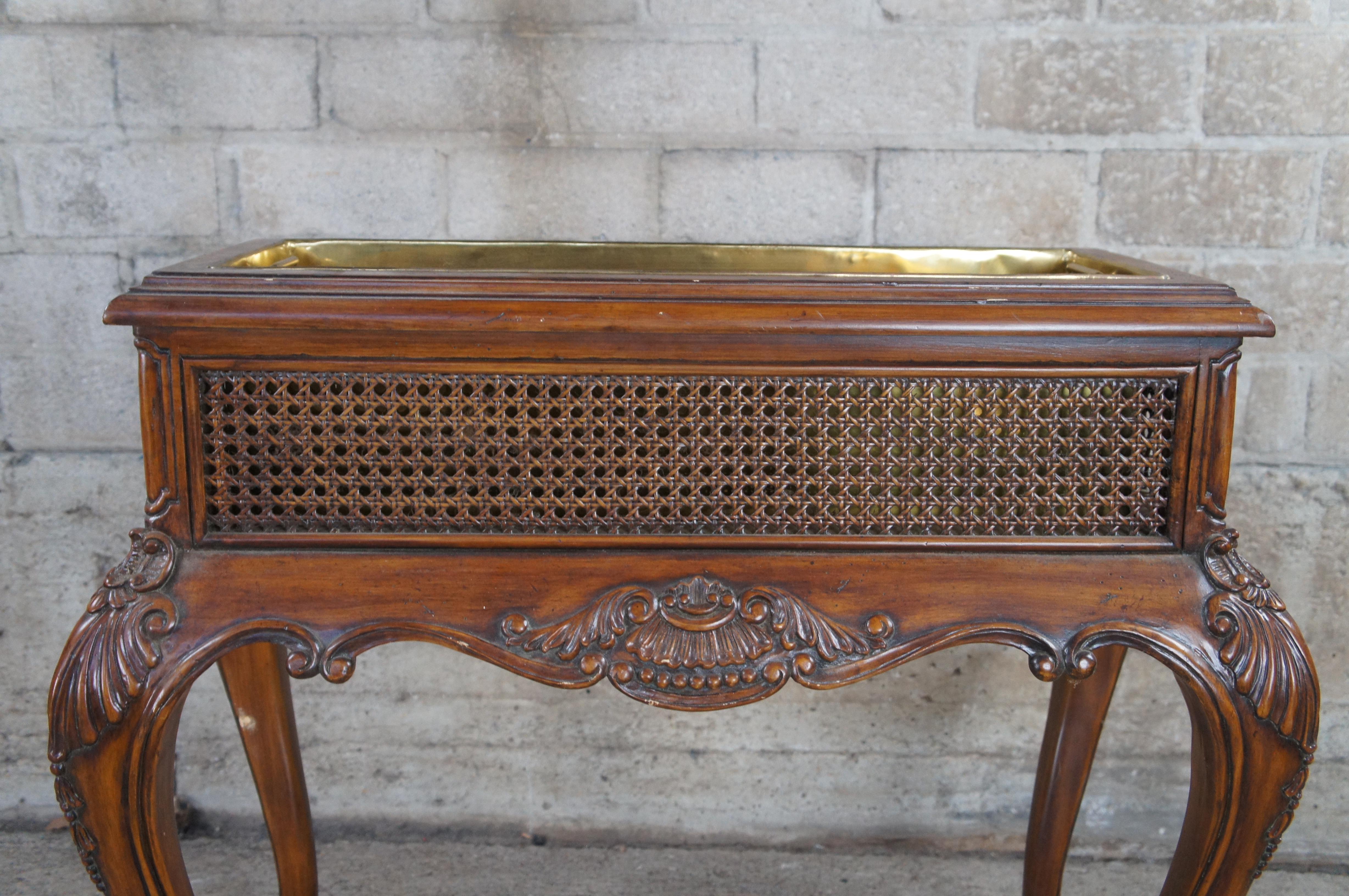Brass Maitland Smith Carved Mahogany & Rattan Queen Anne Plant Stand Beverage Chiller