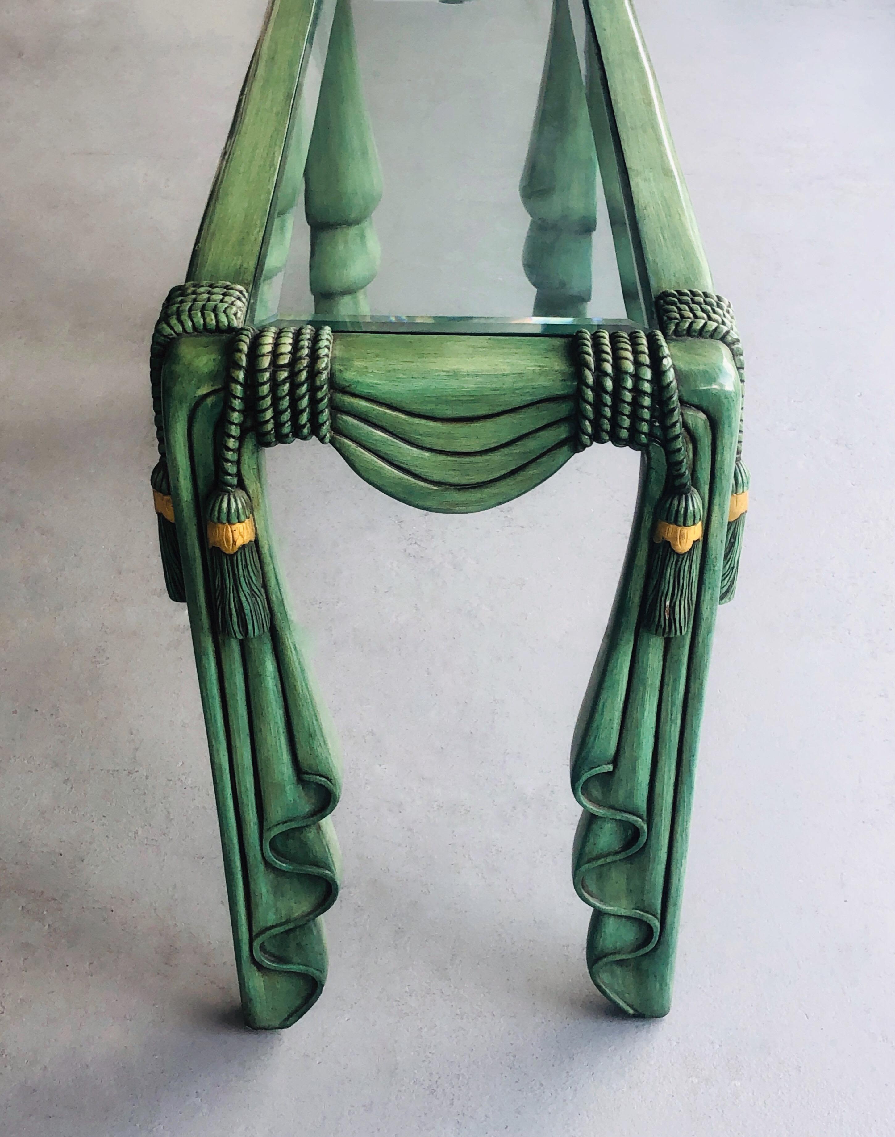 Philippine Maitland Smith Carved Wood Green Drape Console Table