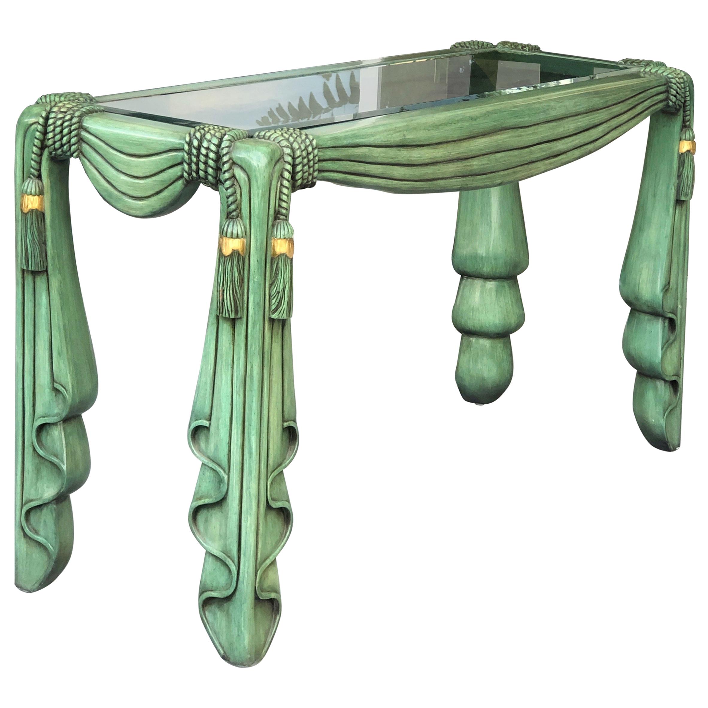 Maitland Smith Carved Wood Green Drape Console Table