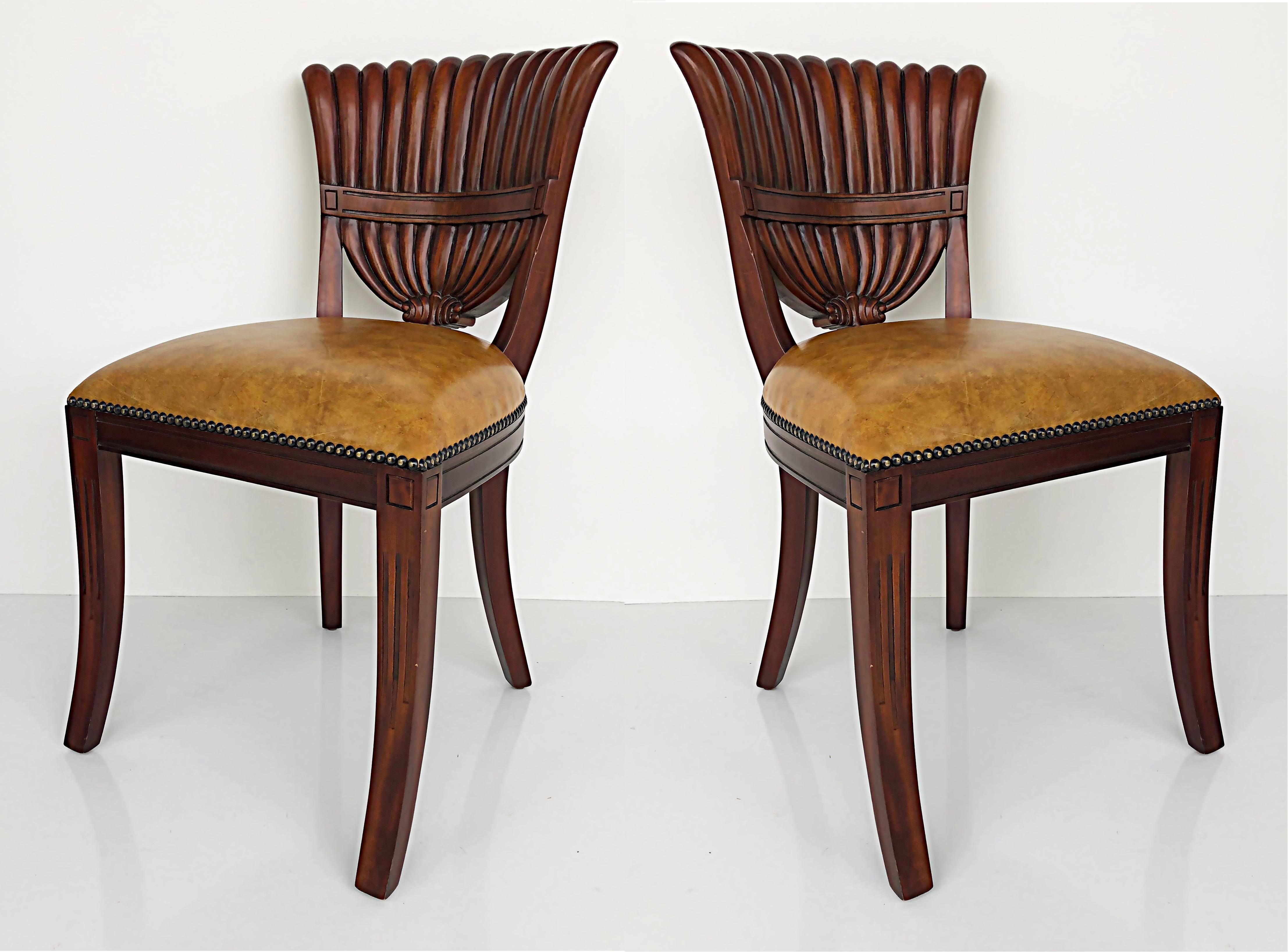 Maitland Smith Carved Wood Side Chairs, Nailhead Detail Trim, Pair 9