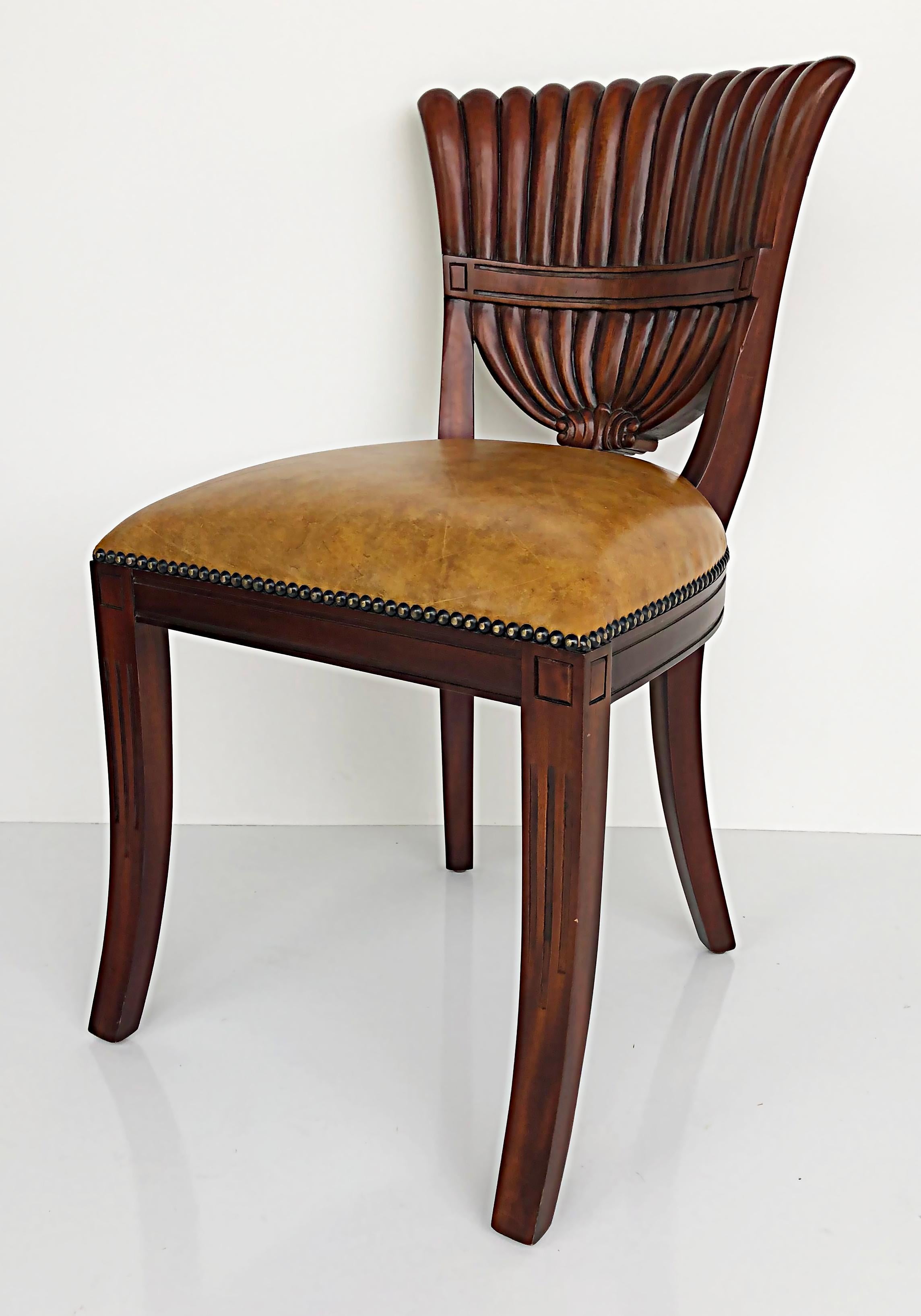 Maitland Smith Carved Wood Side Chairs, Nailhead Detail Trim, Pair 4