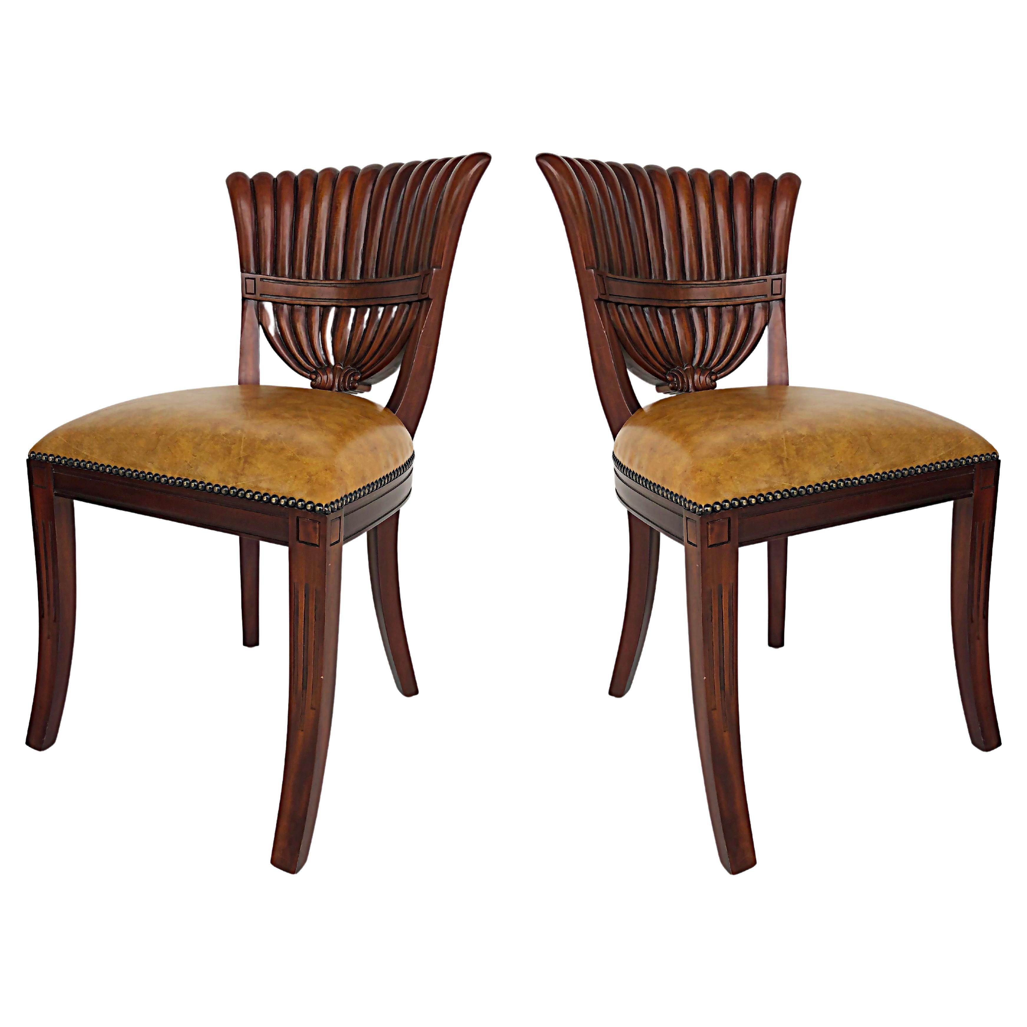 Maitland Smith Carved Wood Side Chairs, Nailhead Detail Trim, Pair