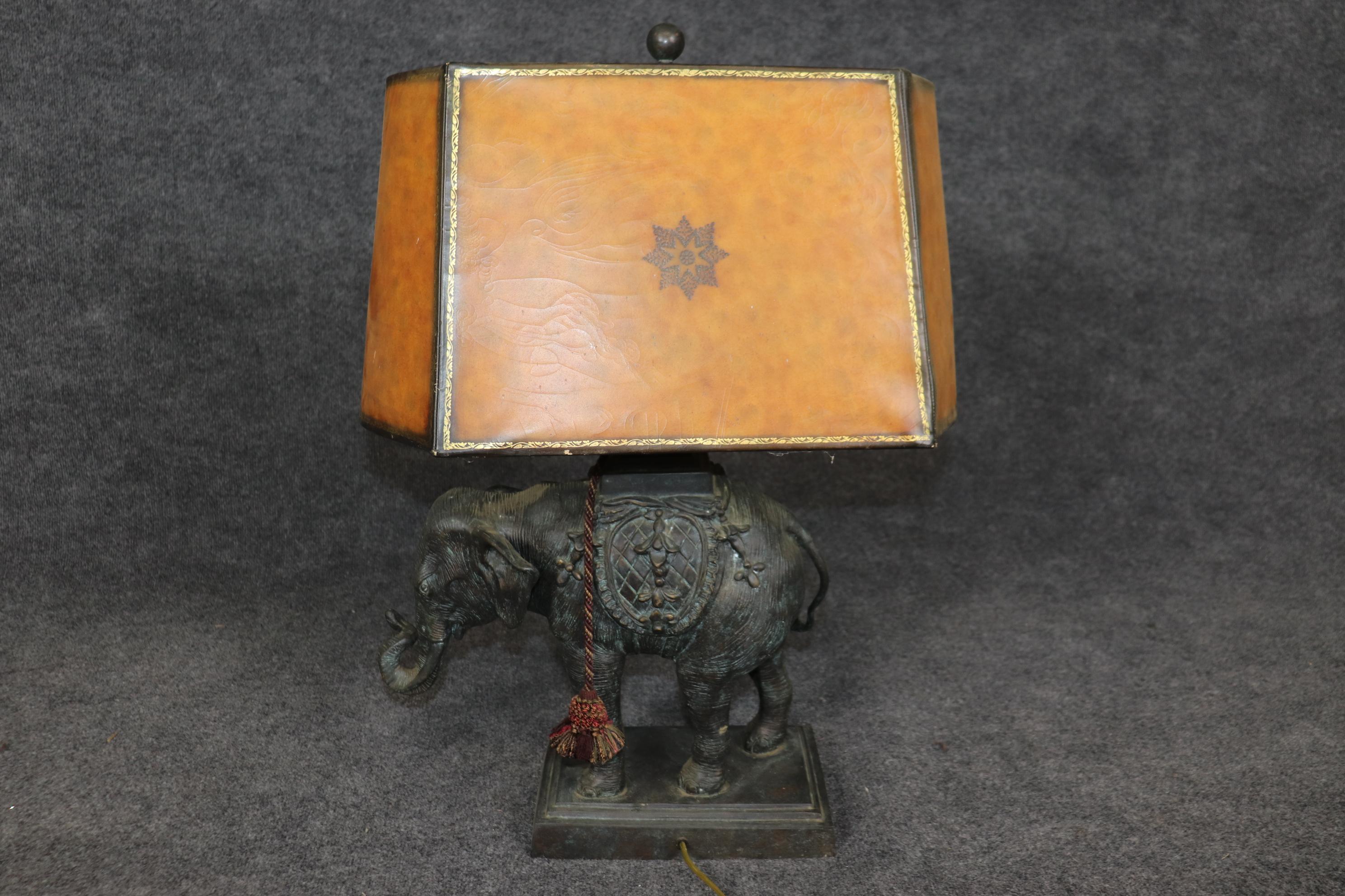Thai Maitland Smith Cast Bronze Elephant Lamp with Leather Shade