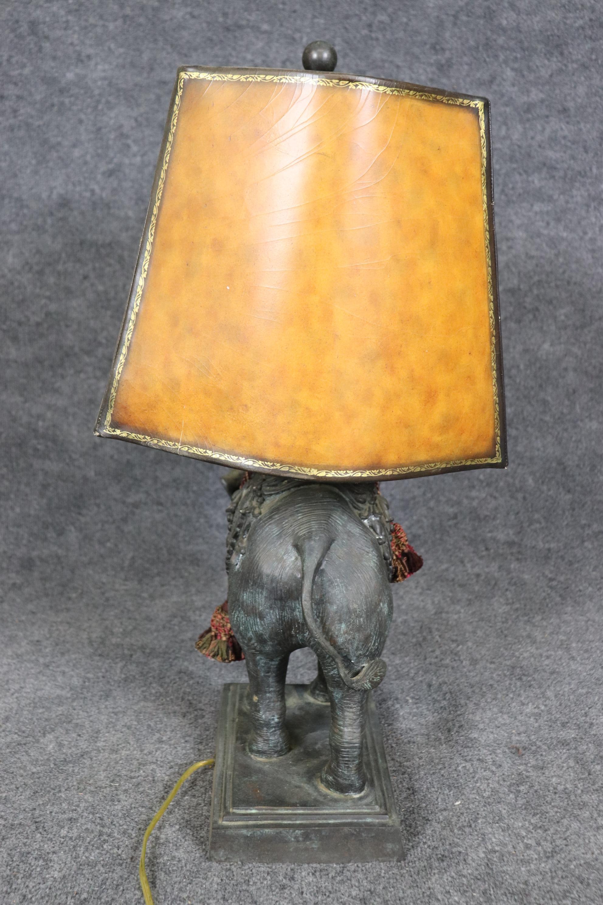 Maitland Smith Cast Bronze Elephant Lamp with Leather Shade In Good Condition In Swedesboro, NJ