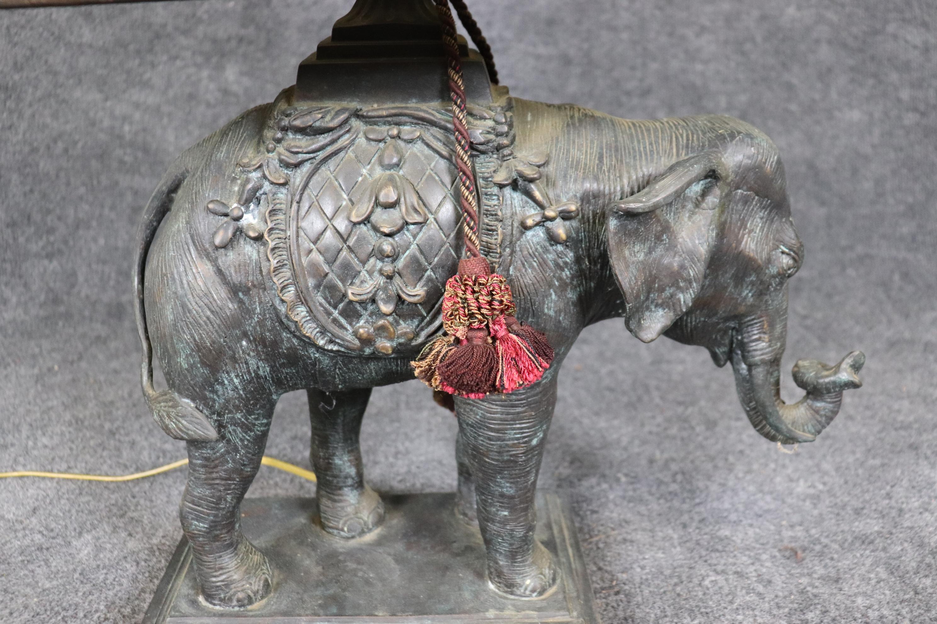 Contemporary Maitland Smith Cast Bronze Elephant Lamp with Leather Shade