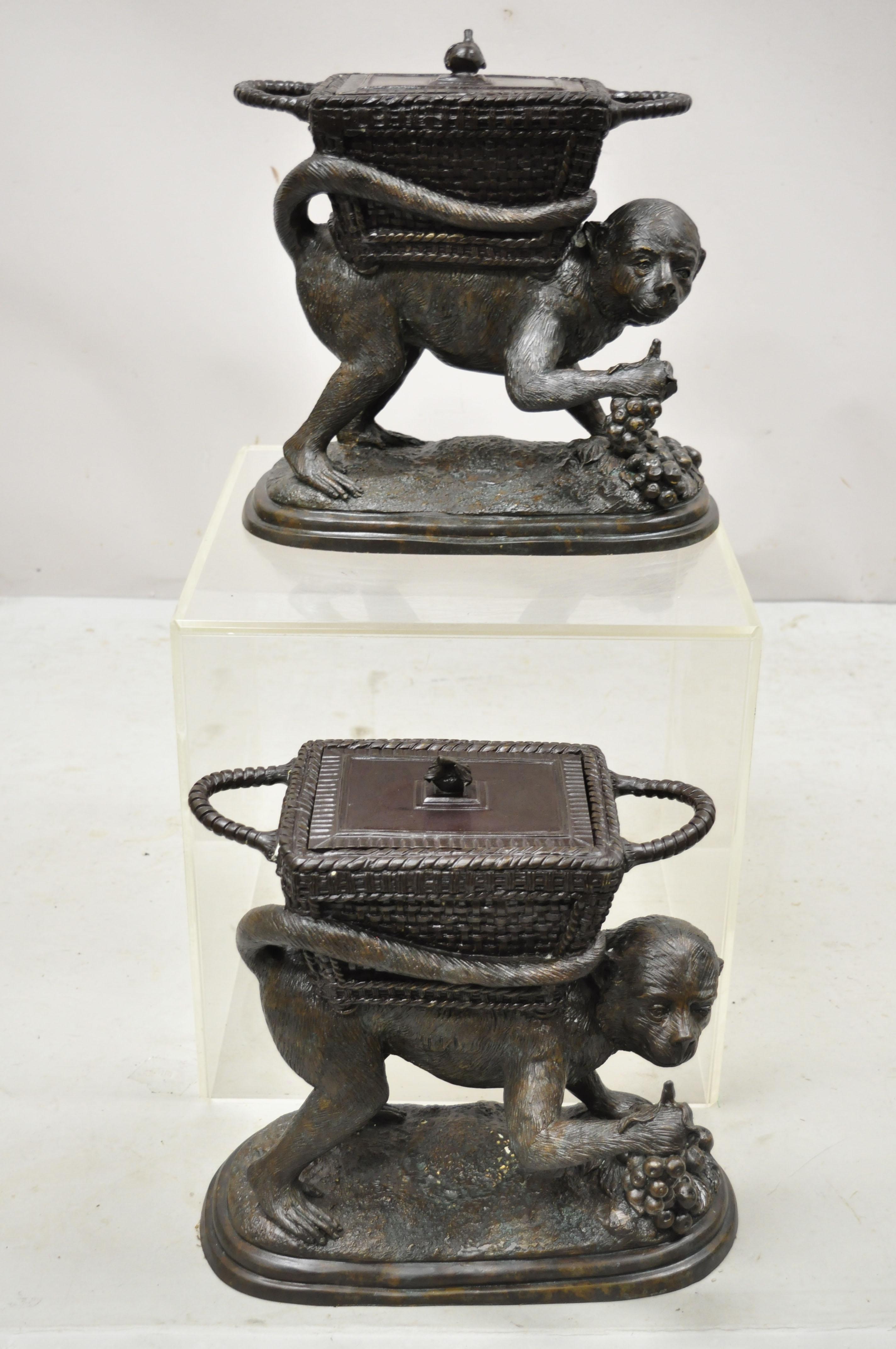 Maitland Smith Cast Bronze Monkey w/ Lidded Basket Planter Pot Statue Sculpture For Sale 2