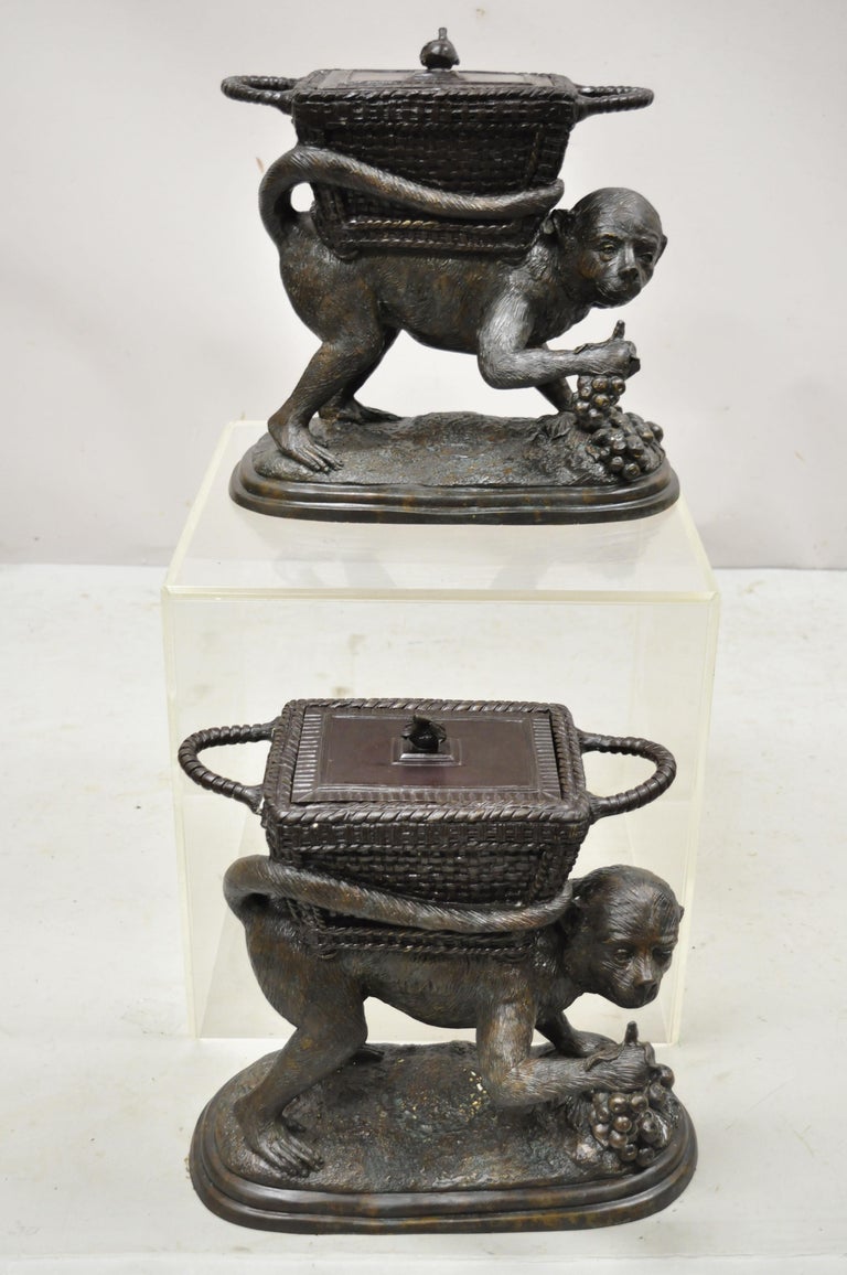 Maitland Smith Cast Bronze Monkey w/ Lidded Basket Planter Pot Statue Sculpture For Sale 4