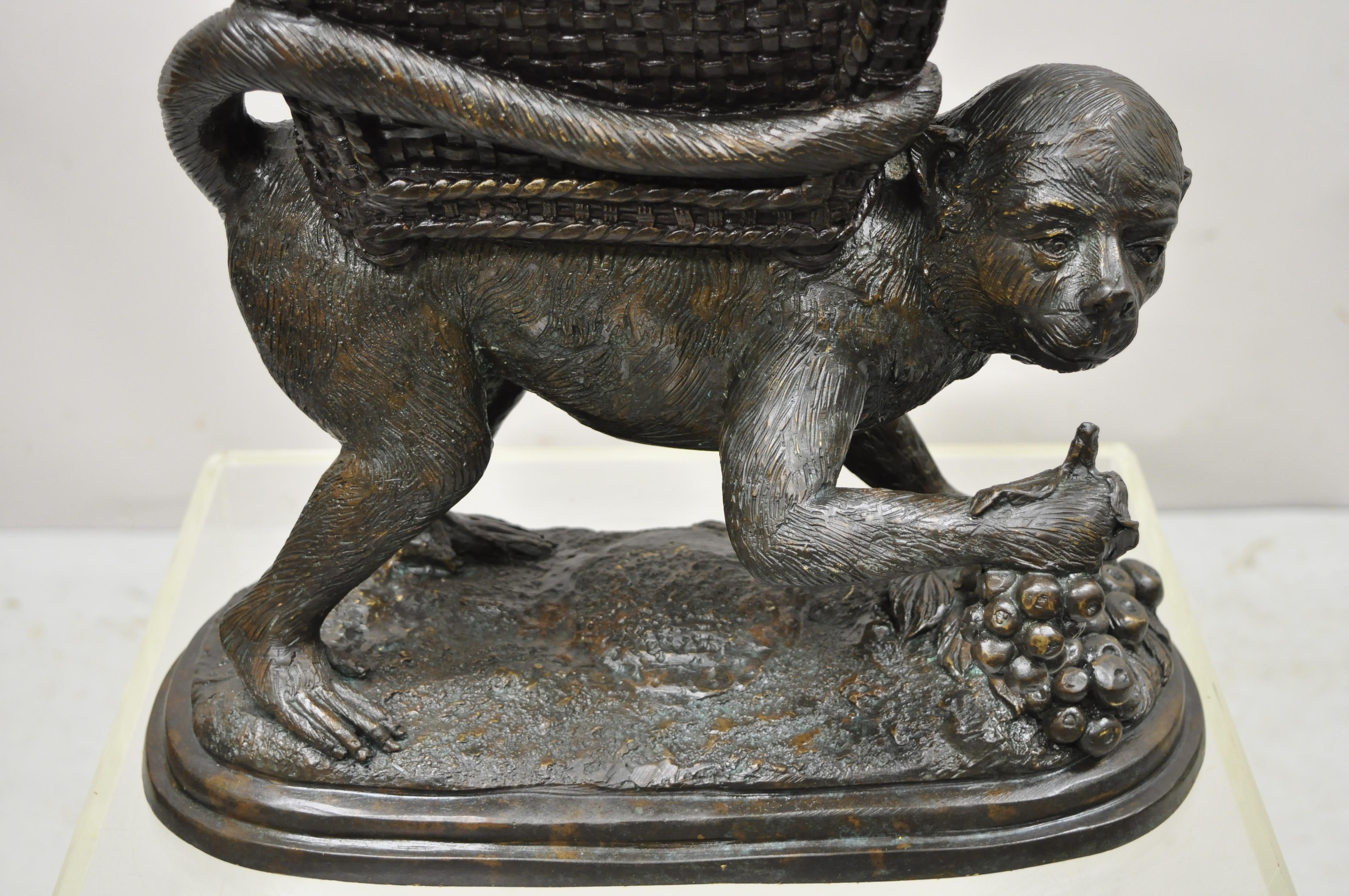 Maitland Smith cast bronze monkey w/ lidded basket planter pot statue sculpture. Item features cast bronze construction, lid to basket, great patina, very nice item, great style and form. 25 lbs. Maitland Smith label no longer attached. ***2