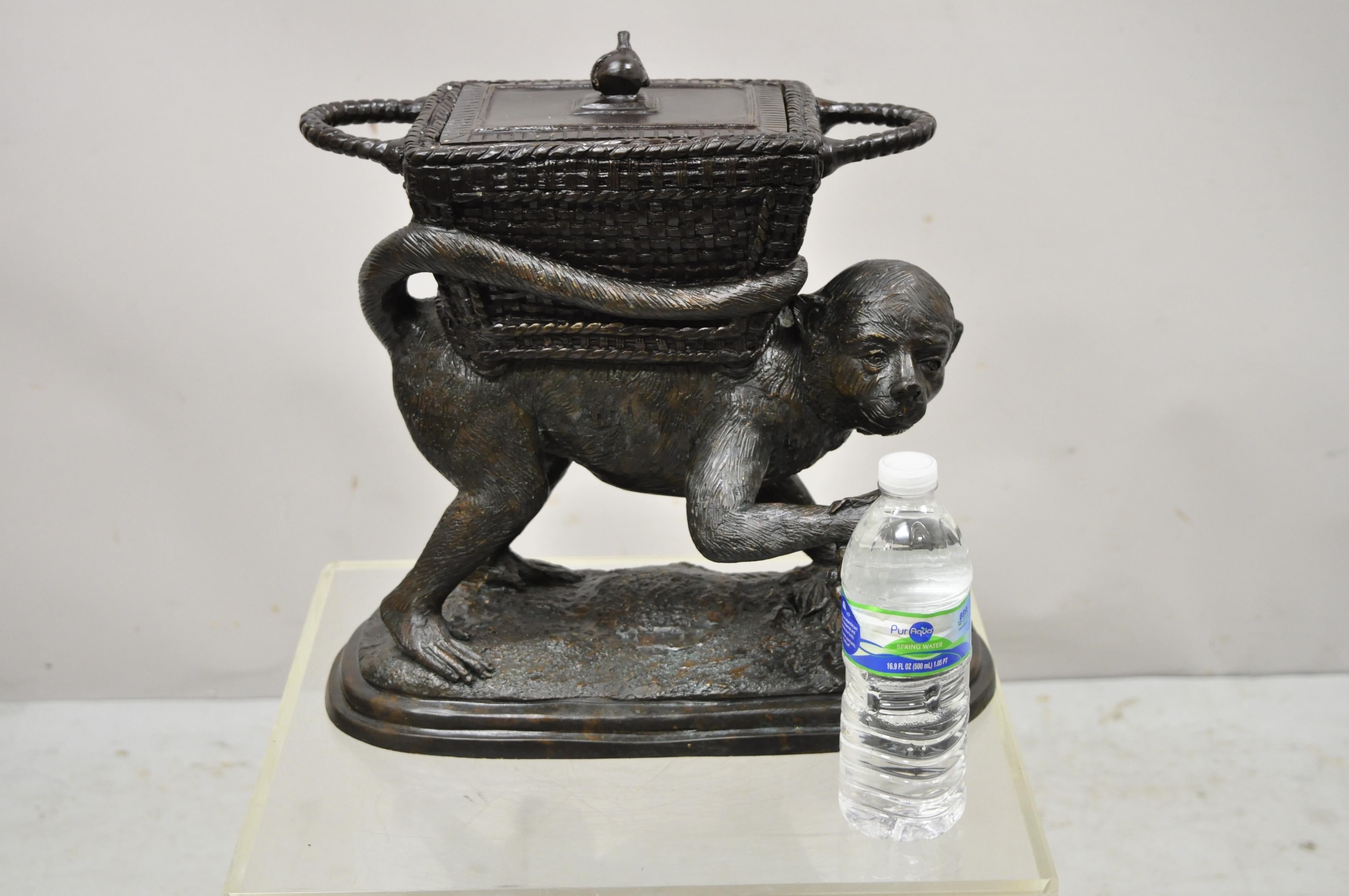 Contemporary Maitland Smith Cast Bronze Monkey w/ Lidded Basket Planter Pot Statue Sculpture For Sale