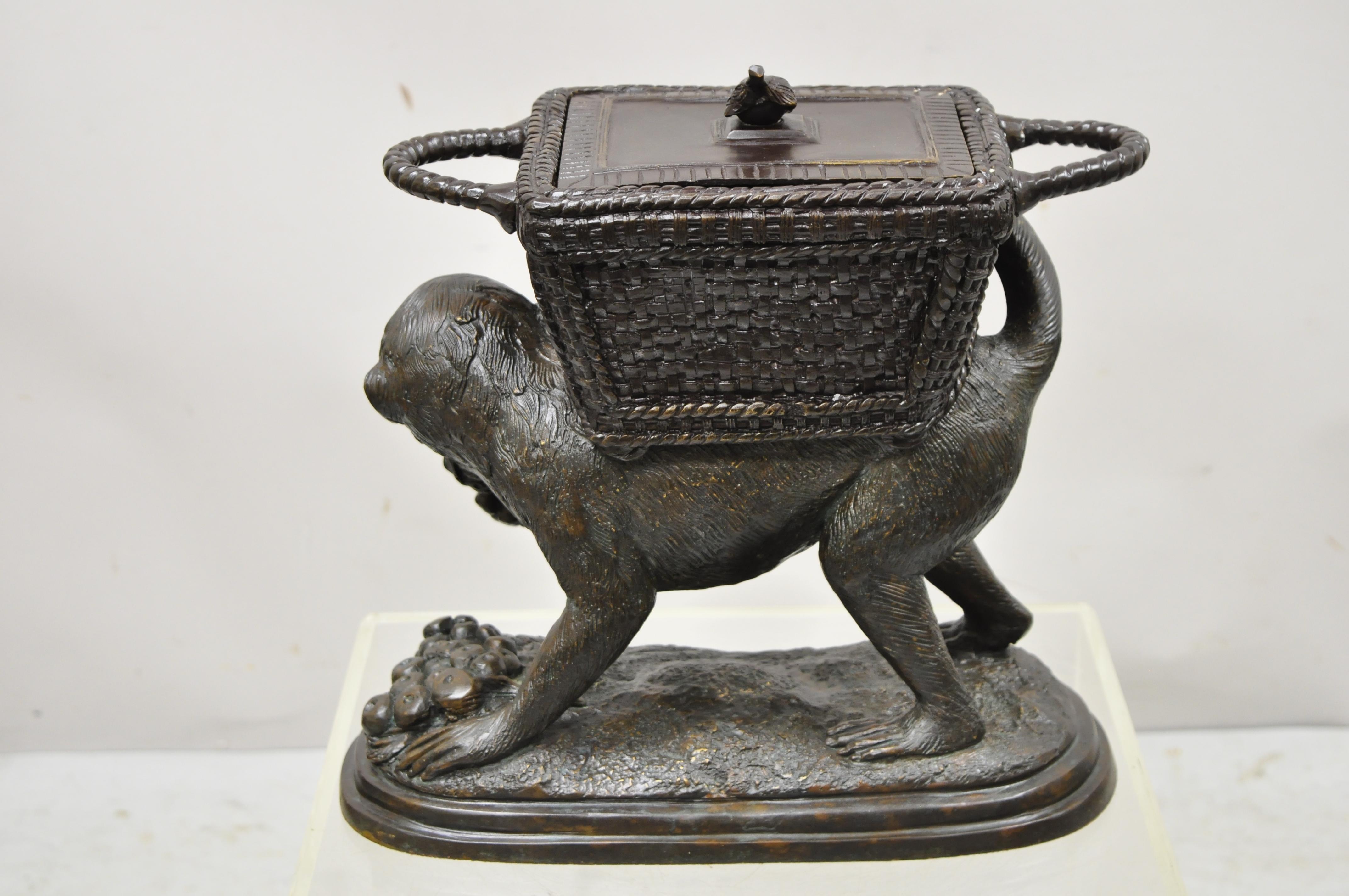 Maitland Smith Cast Bronze Monkey w/ Lidded Basket Planter Pot Statue Sculpture For Sale 1