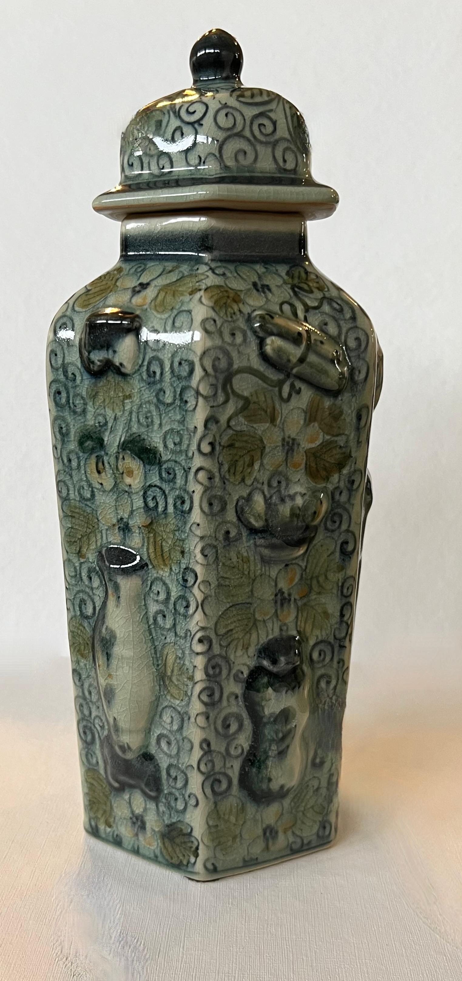 Maitland Smith Celadon Ceramic Crackle Jar With Lid For Sale 6