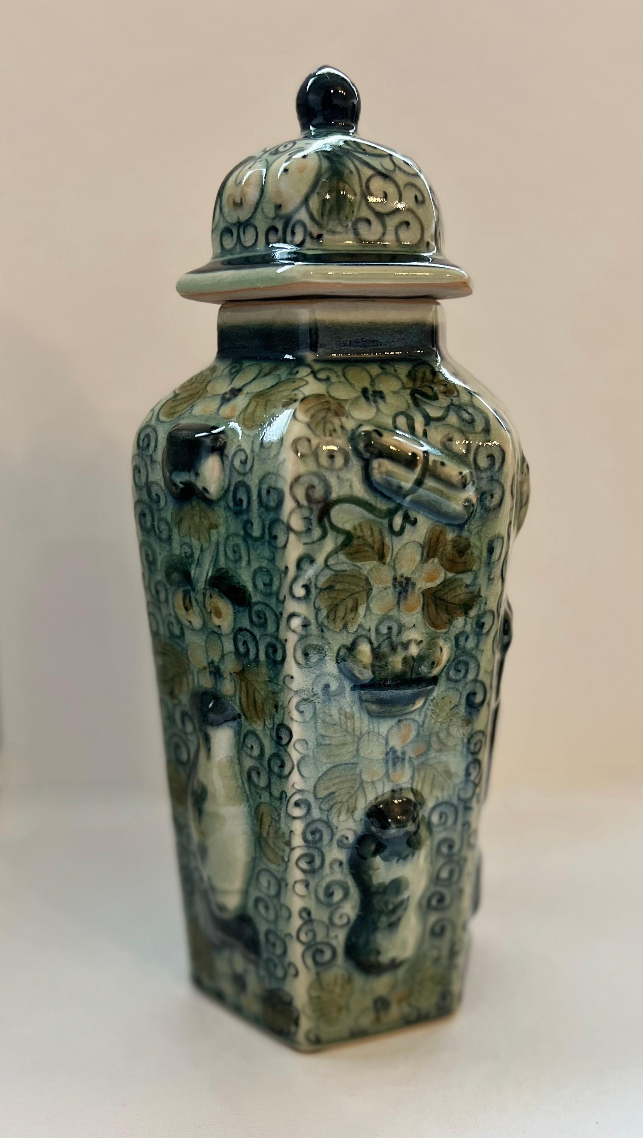 20th Century Maitland Smith Celadon Ceramic Crackle Jar With Lid For Sale