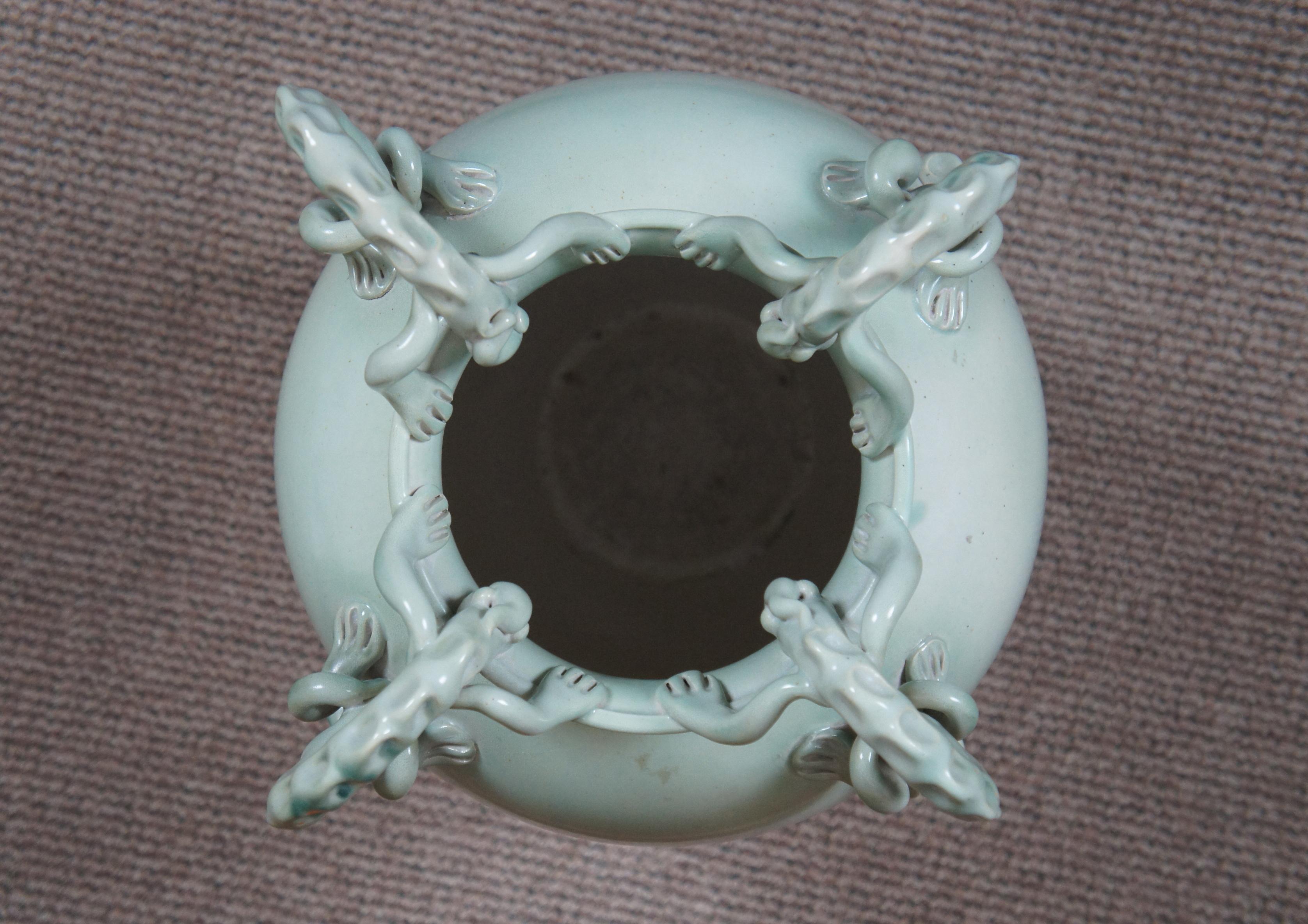 Campaign Maitland Smith Ceramic Lizard Handled Mantel Floor Vase Urn Celedon Teal Green