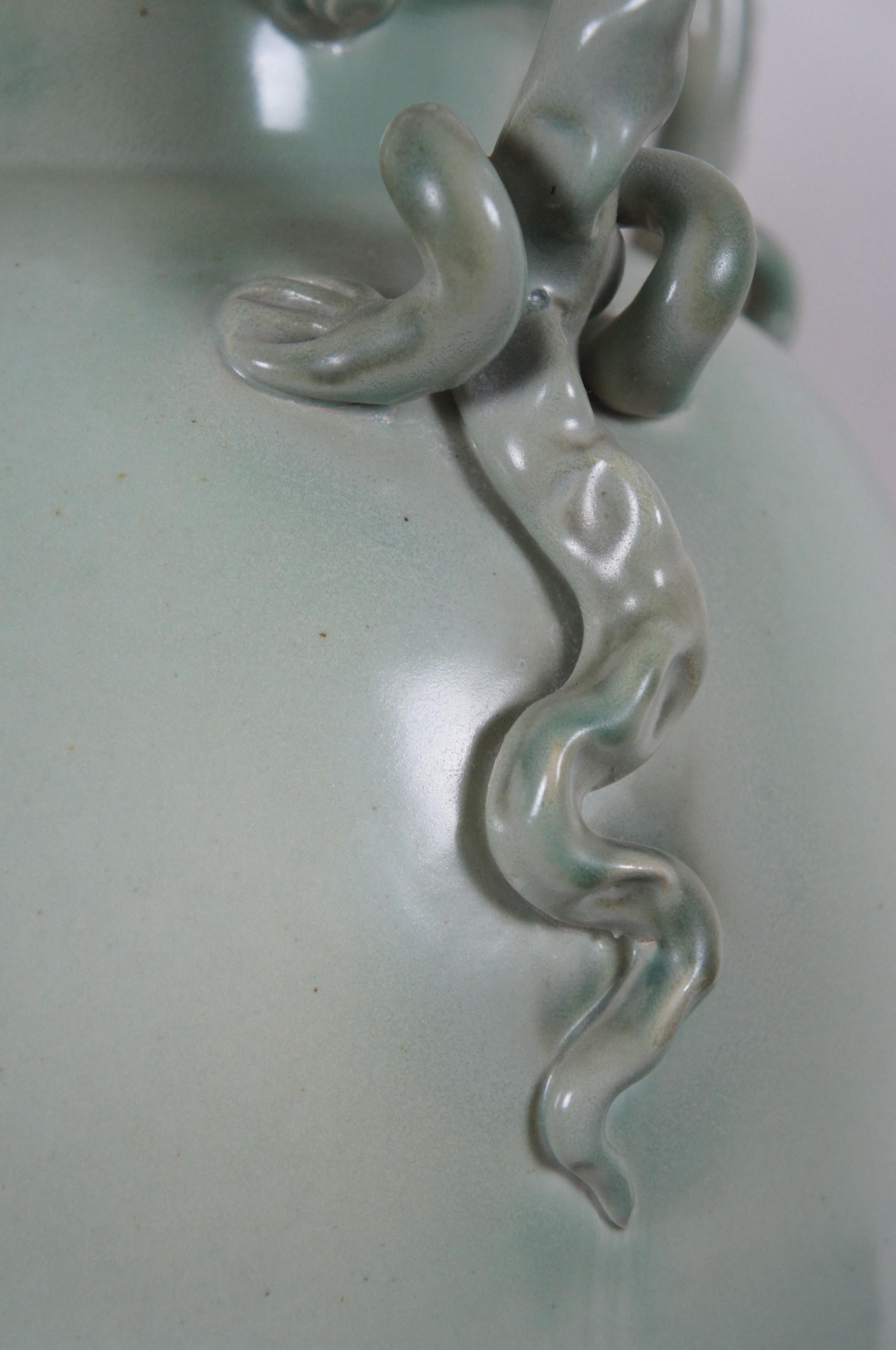 Maitland Smith Ceramic Lizard Handled Mantel Floor Vase Urn Celedon Teal Green 1