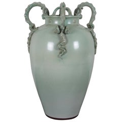 Maitland Smith Ceramic Lizard Handled Mantel Floor Vase Urn Celedon Teal Green