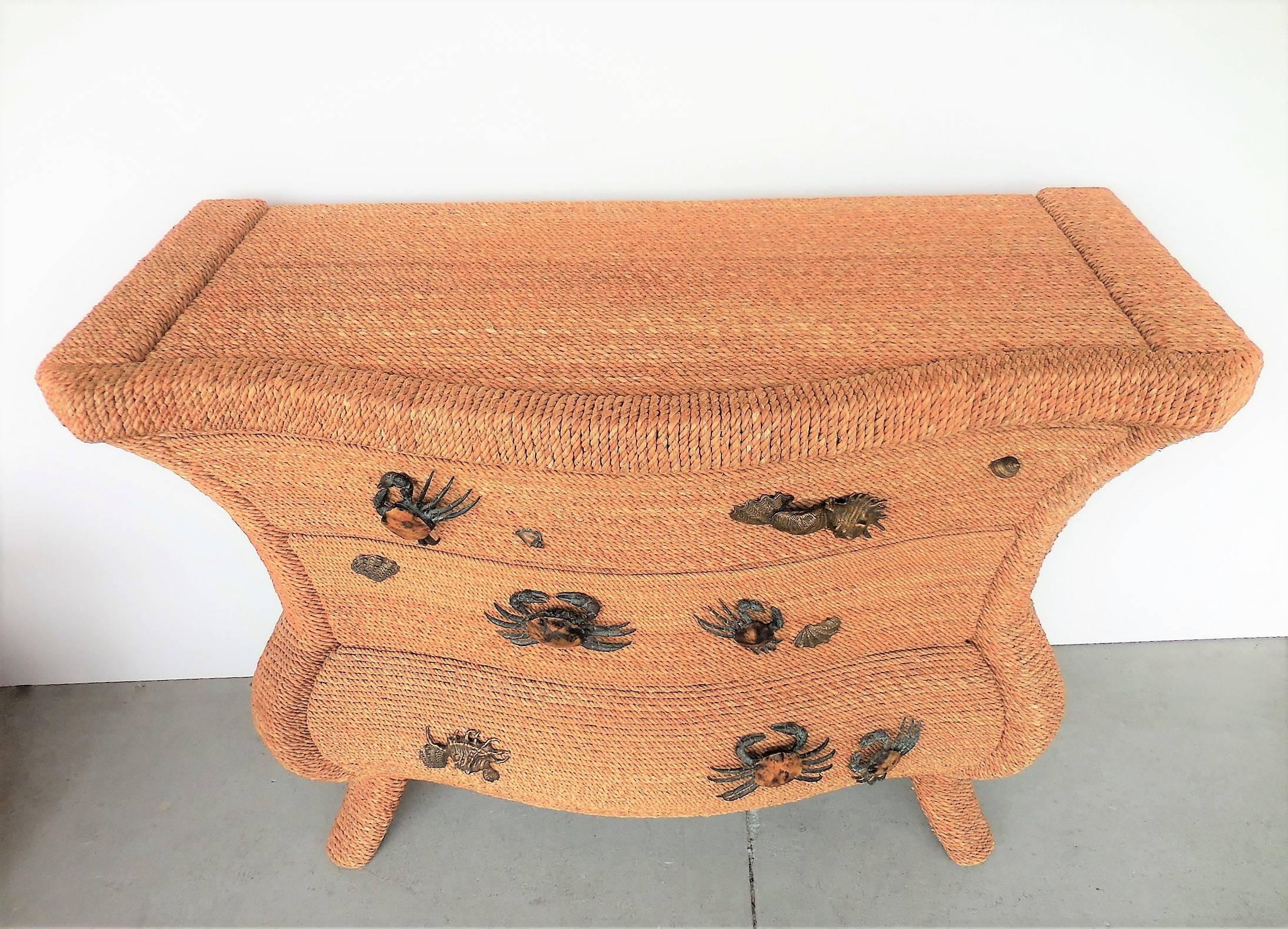 Maitland Smith Chest Cabinet Console with Bronze Lifesize Crabs In Excellent Condition In Miami, FL