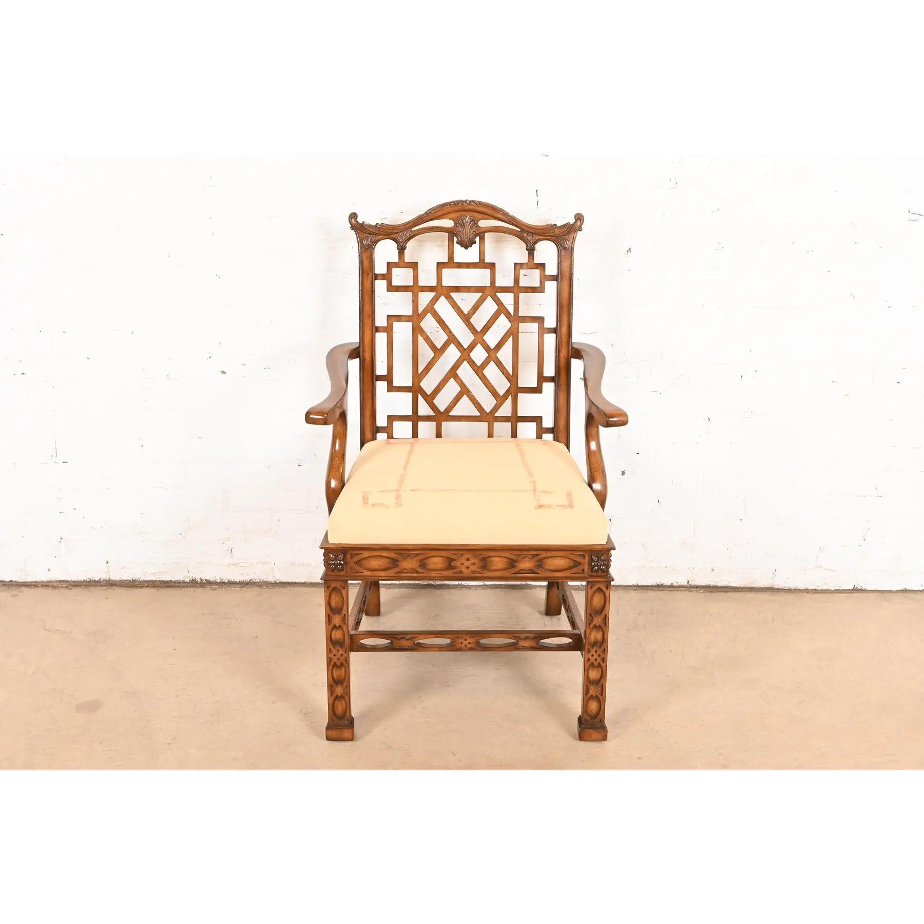 Indonesian Maitland Smith Chinese Chippendale Carved Mahogany Armchair For Sale