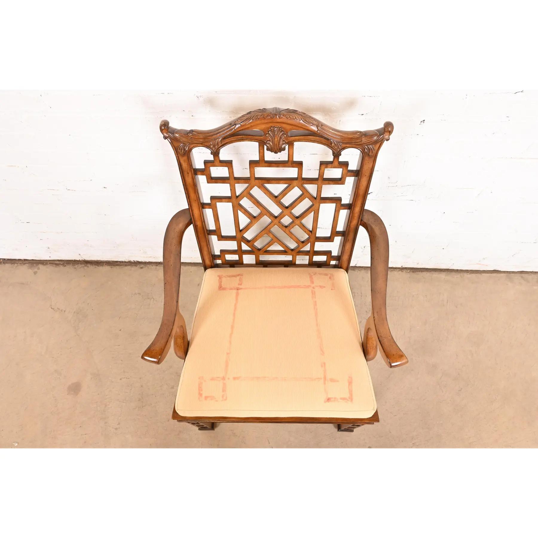 Upholstery Maitland Smith Chinese Chippendale Carved Mahogany Armchair For Sale