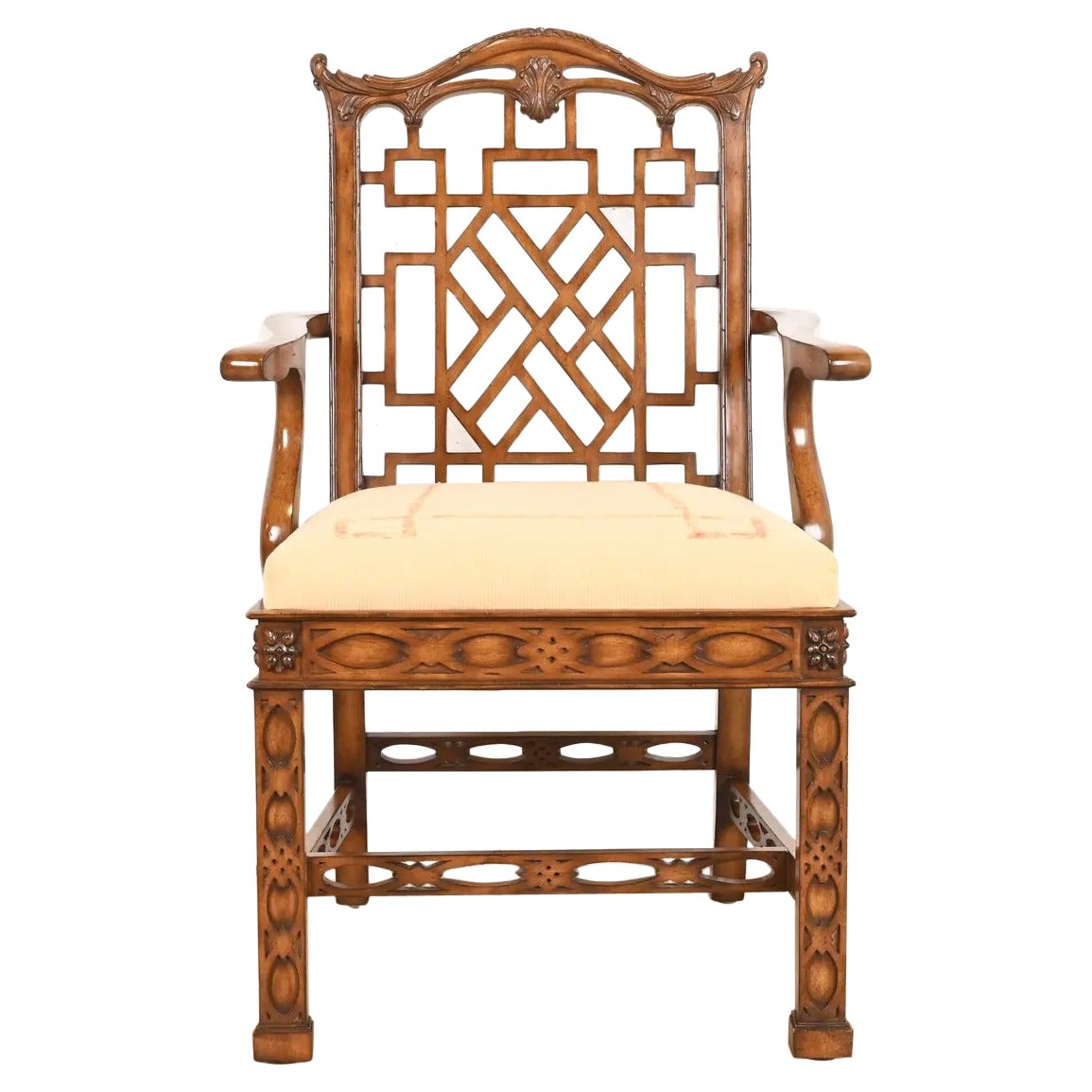 Maitland Smith Chinese Chippendale Carved Mahogany Armchair For Sale