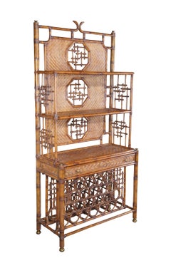 Maitland Smith Chinese Chippendale Faux Bamboo Etagere Bookcase Wine Bar Cabinet