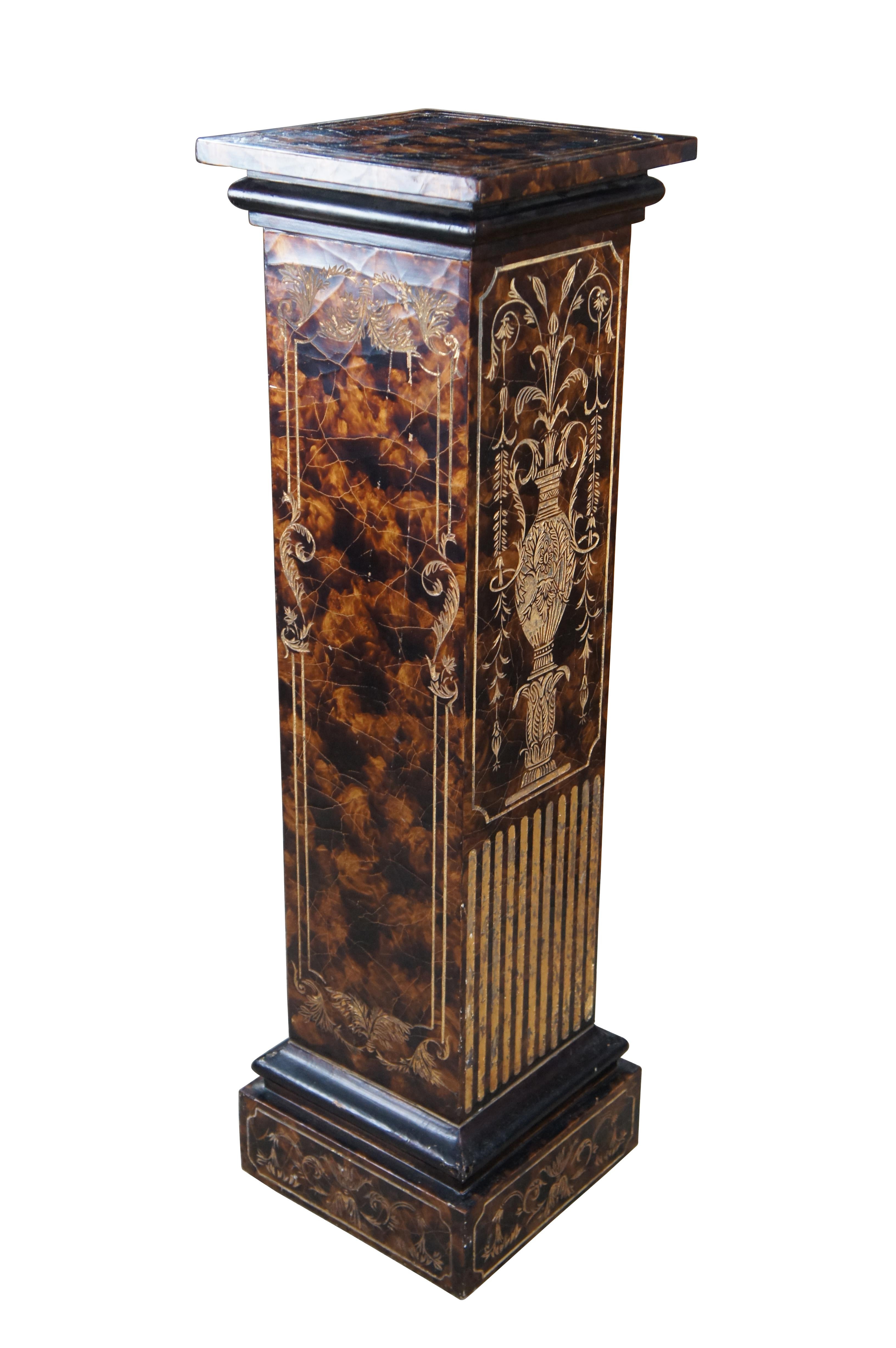 Chinoiserie Maitland Smith Chinese Coromandel Faux Tortoise Shell Sculpture Pedestal Stand For Sale