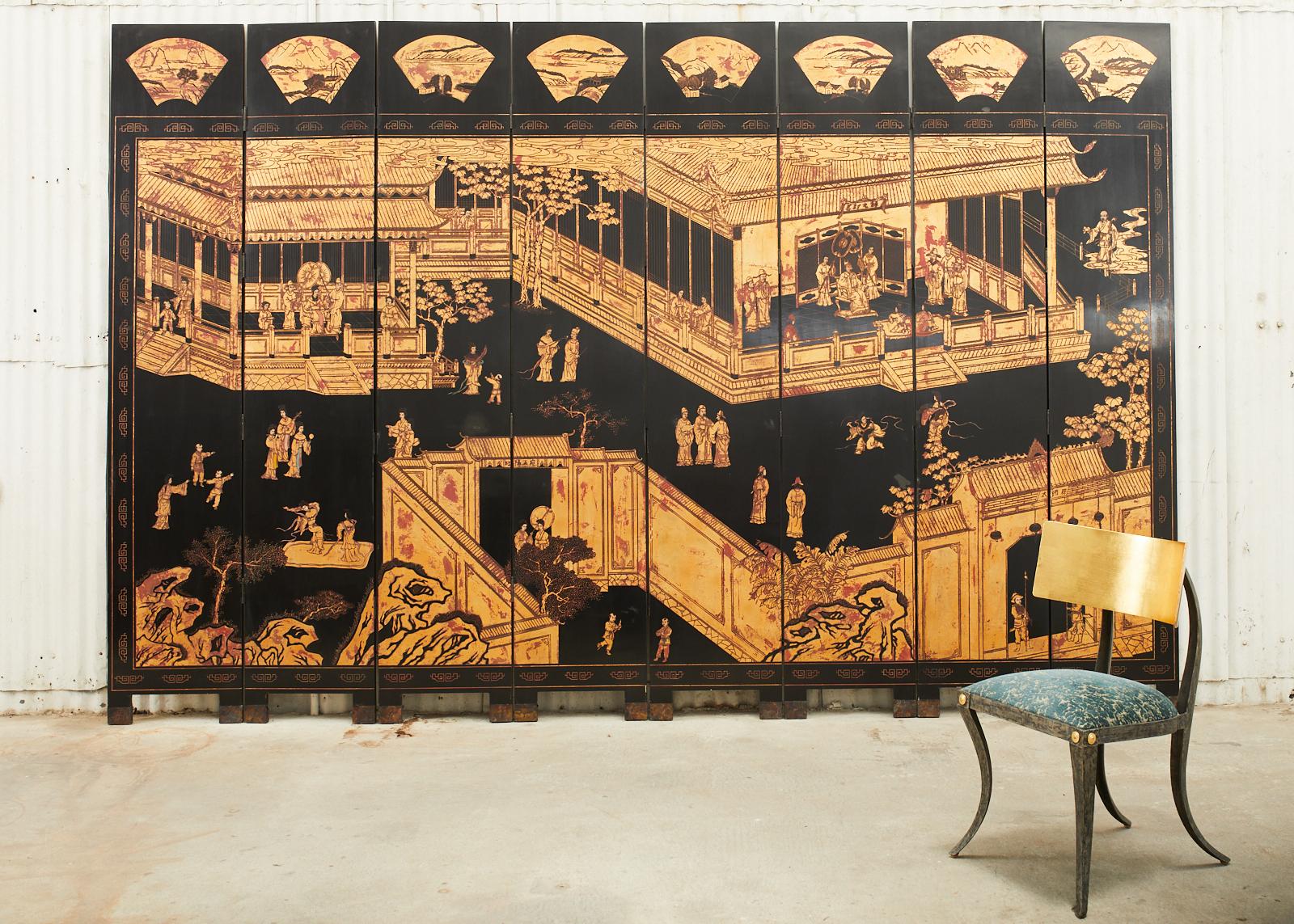 Fantastic Chinese eight panel coromandel screen designed by Maitland Smith in Hong Kong. The grand screen features 18th century style craftsmanship with thick layers of black lacquer incised with color pigments and gilt by Asian artisans. The scene