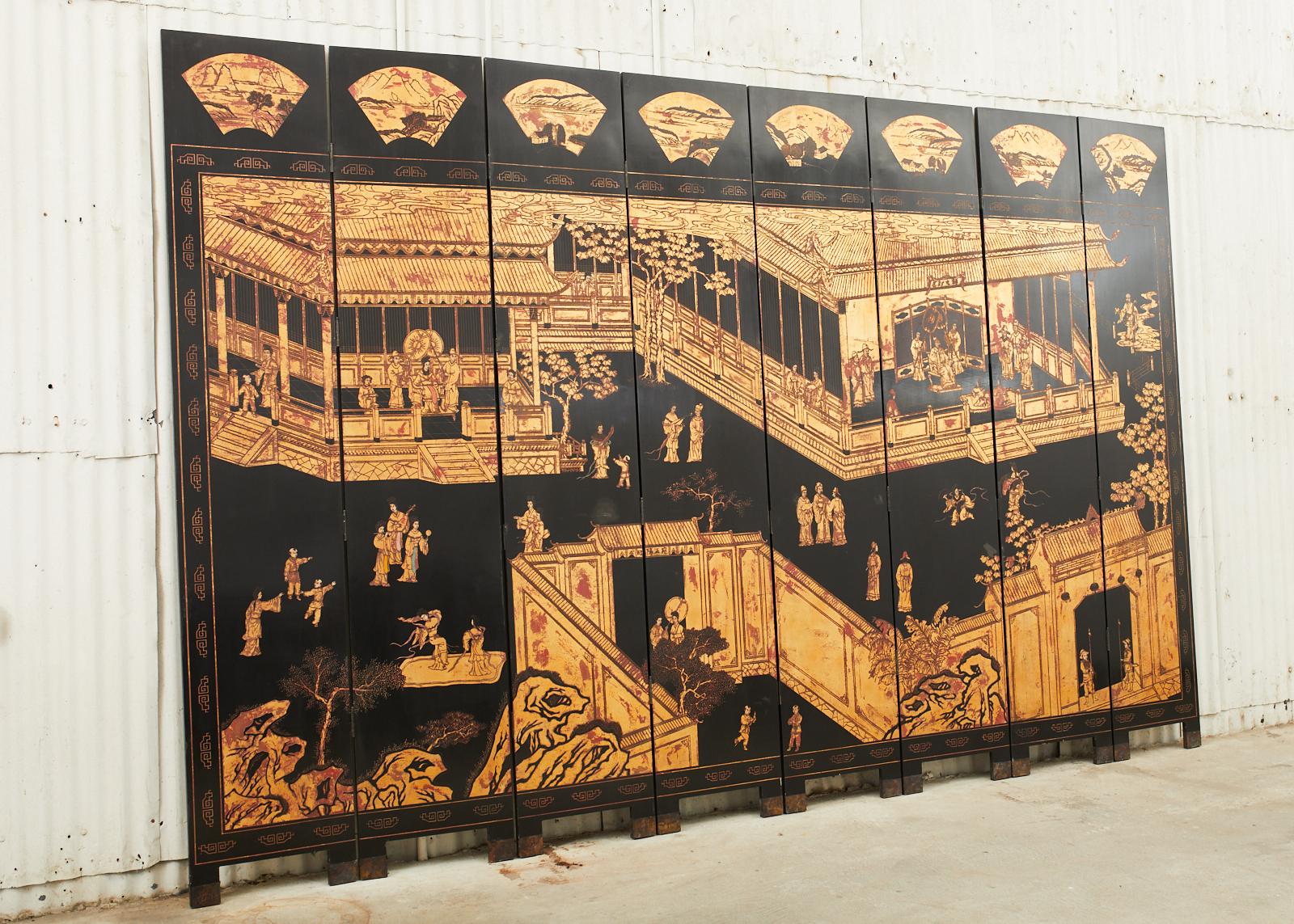 Maitland Smith Chinese Eight Panel Lacquered Coromandel Screen In Good Condition In Rio Vista, CA