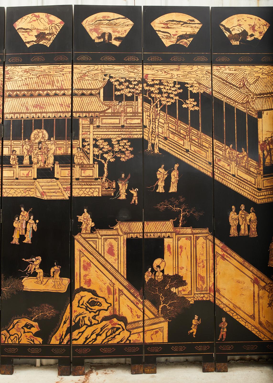 Brass Maitland Smith Chinese Eight Panel Lacquered Coromandel Screen