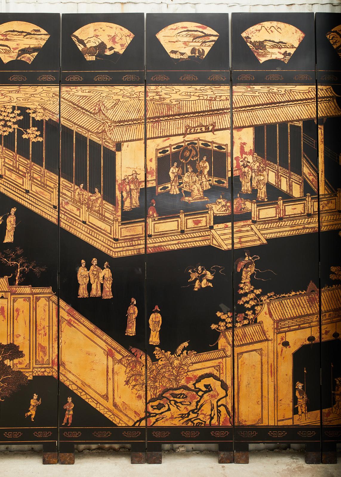 Maitland Smith Chinese Eight Panel Lacquered Coromandel Screen 1