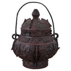 Maitland Smith Chinoiserie Bronze High Relief Lidded Cauldron Pot 13"