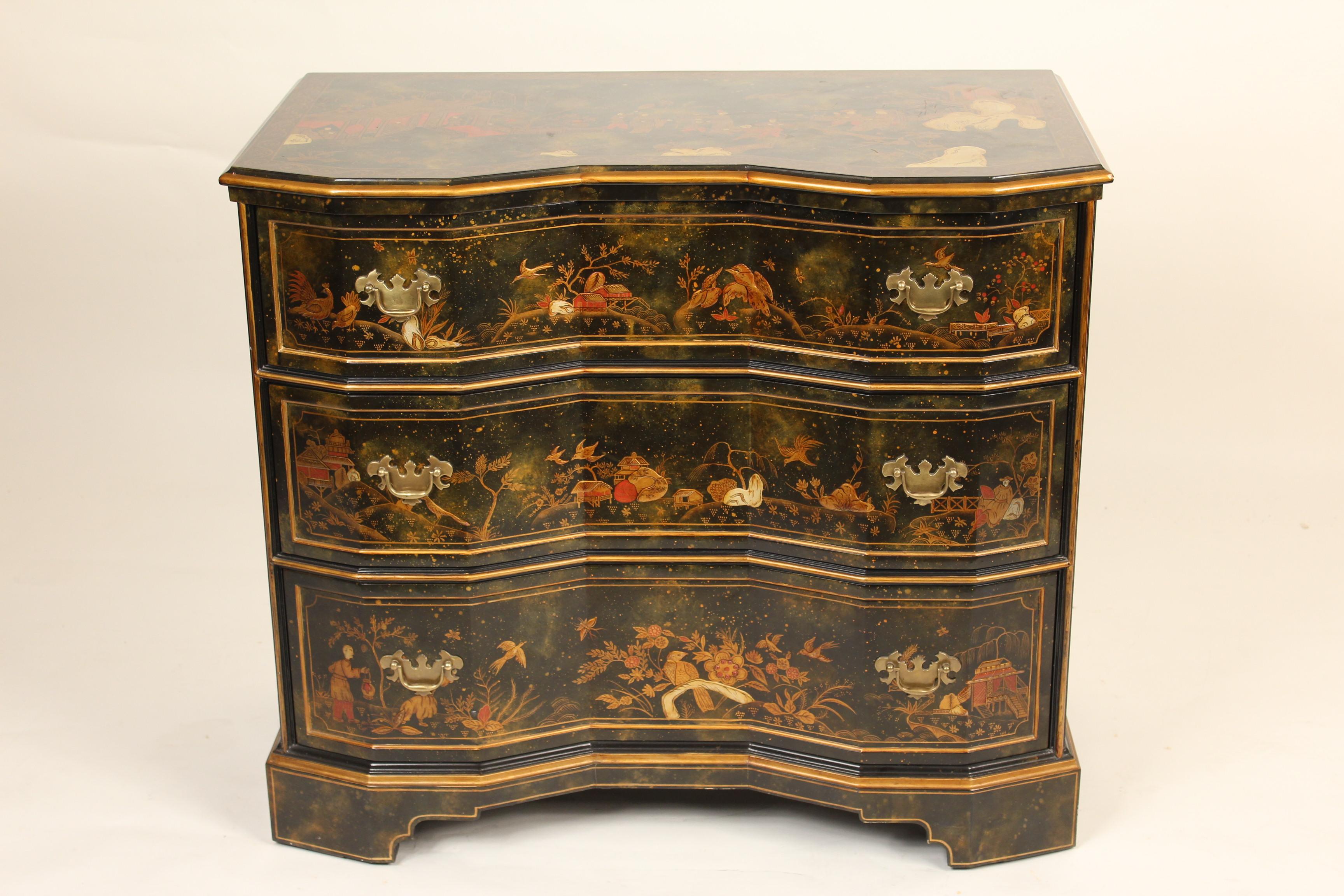 George II style Maitland Smith chinoiserie decorated chest of drawers, circa 2000.