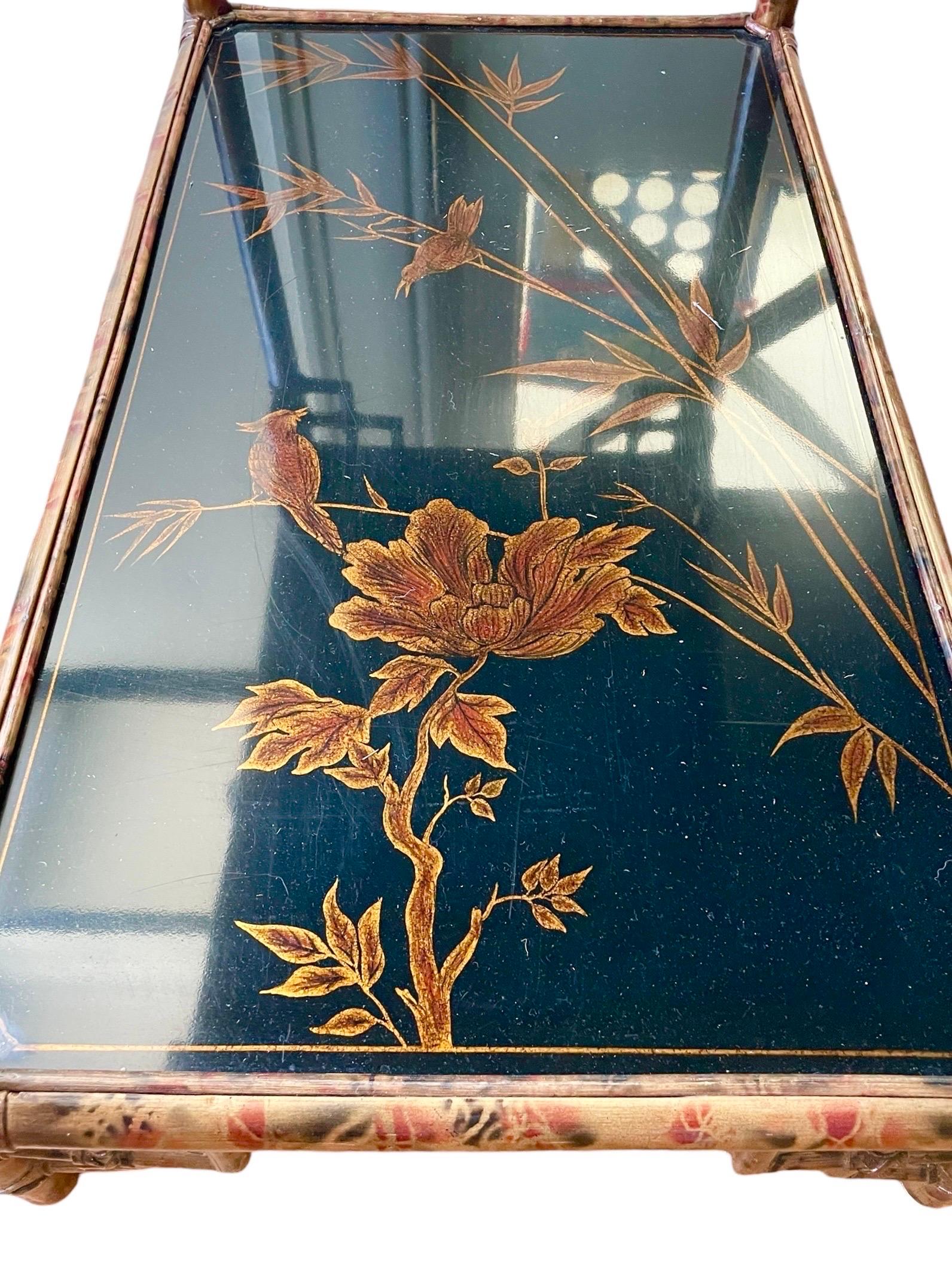 Cuir Table d'entrée de bureau chinoiserie Maitland Smith vintage bambou rotin en vente