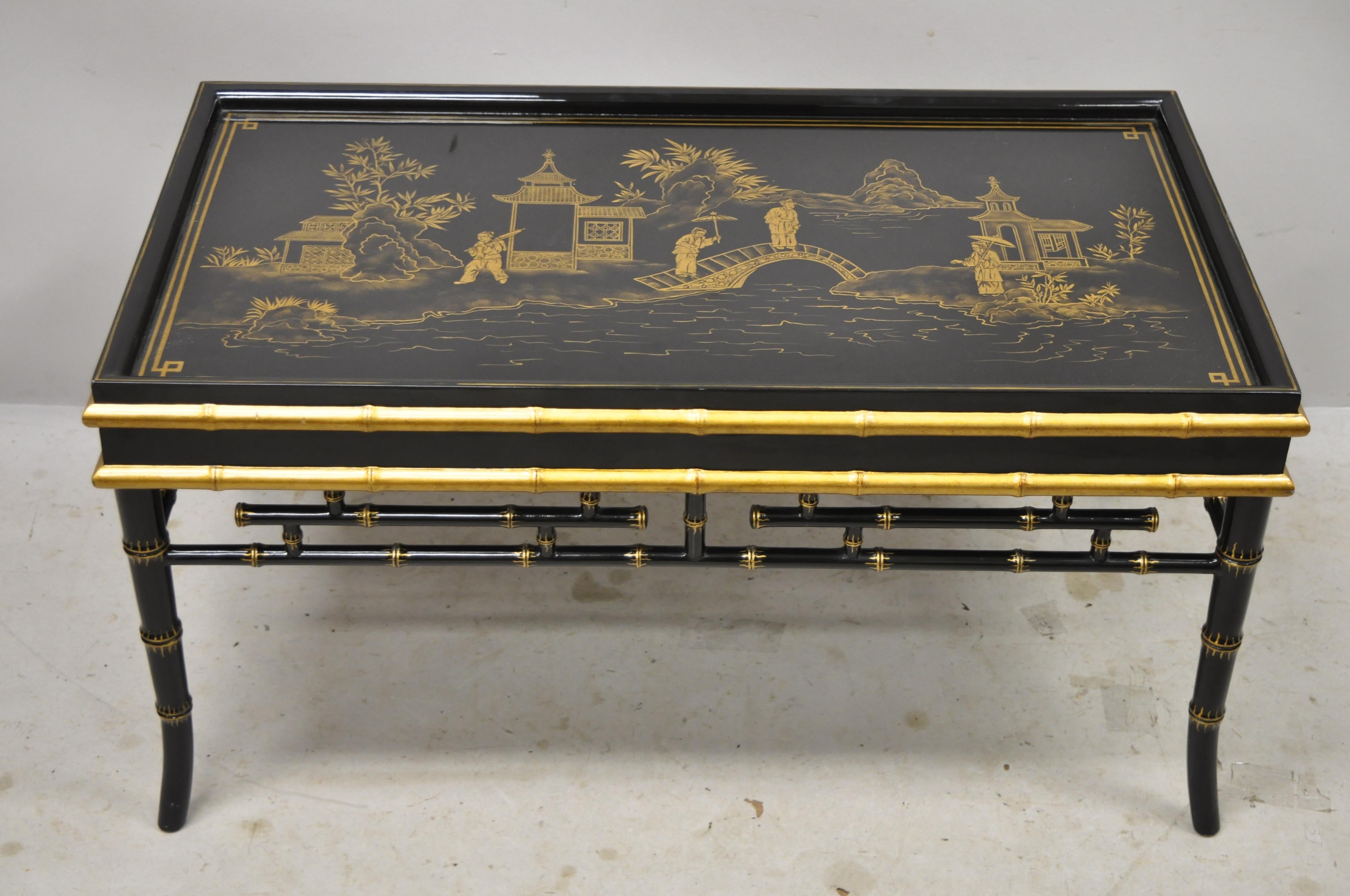 Maitland Smith Chinoiserie Faux Bamboo Black Lacquer Hand Painted Coffee Table 5