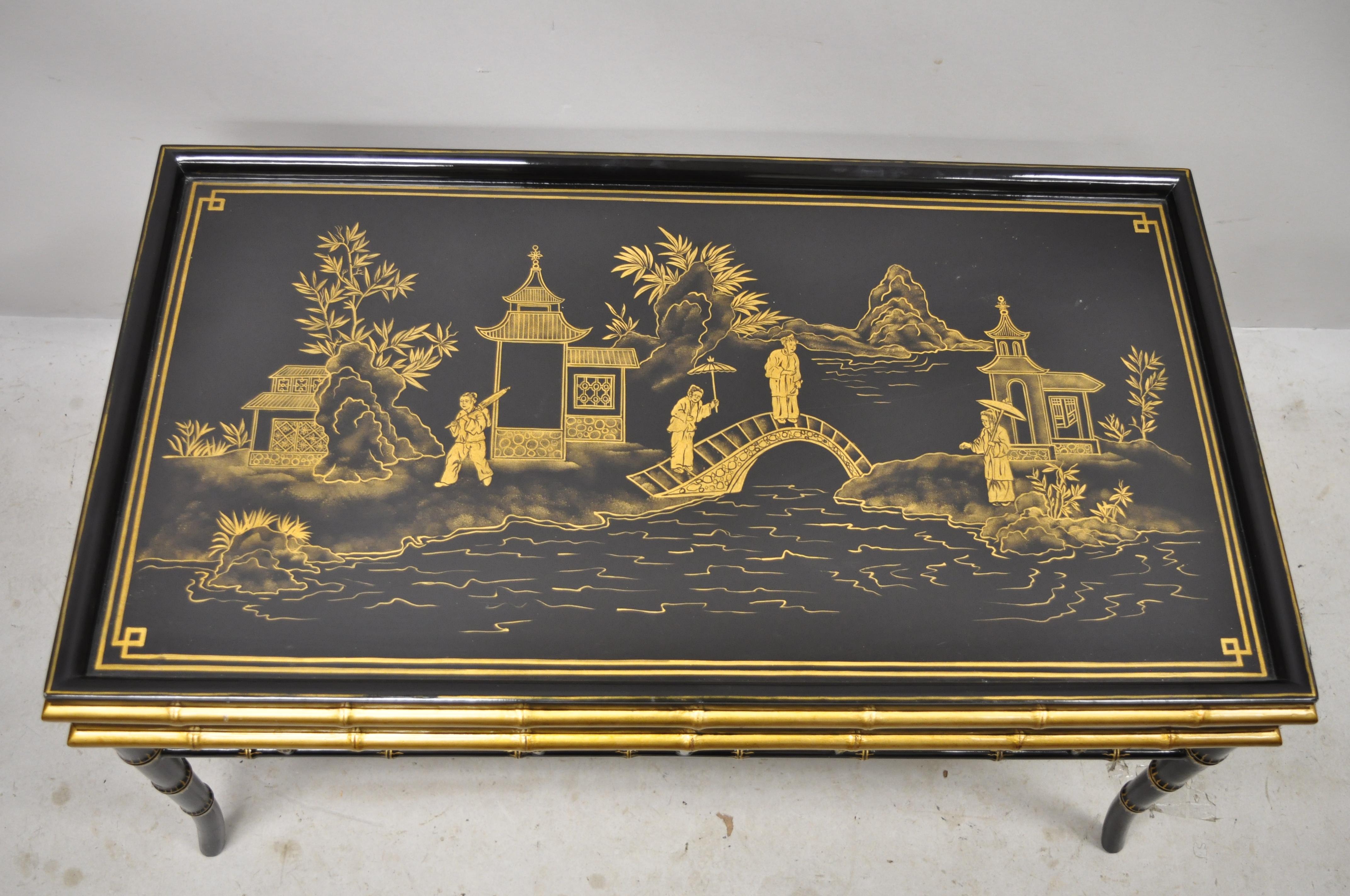 Maitland Smith chinoiserie faux bamboo black lacquer hand painted coffee table. Item features hand painted scenes, black lacquer finish, solid wood frame, original label, quality craftsmanship, great style and form, Circa late 20th century.