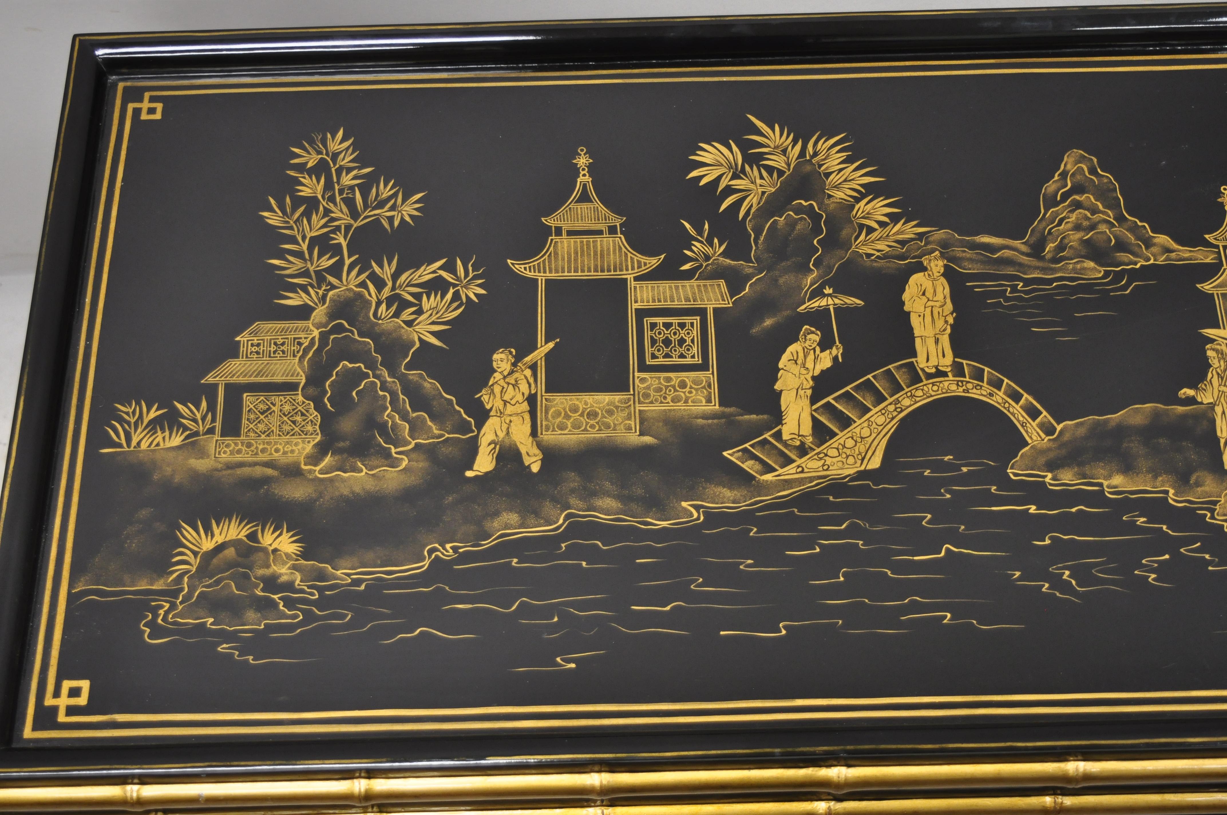 Philippine Maitland Smith Chinoiserie Faux Bamboo Black Lacquer Hand Painted Coffee Table