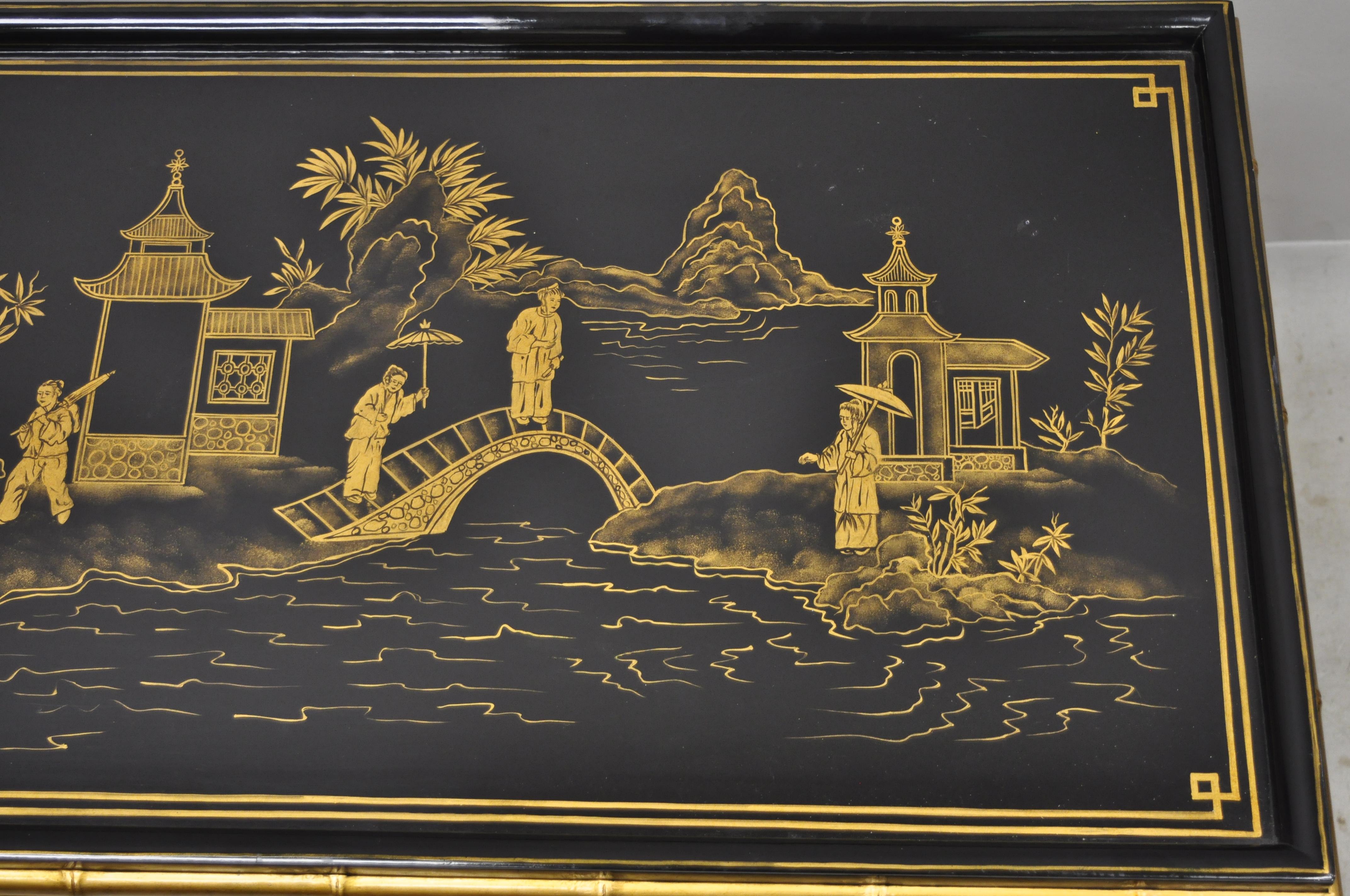 Maitland Smith Chinoiserie Faux Bamboo Black Lacquer Hand Painted Coffee Table In Good Condition In Philadelphia, PA
