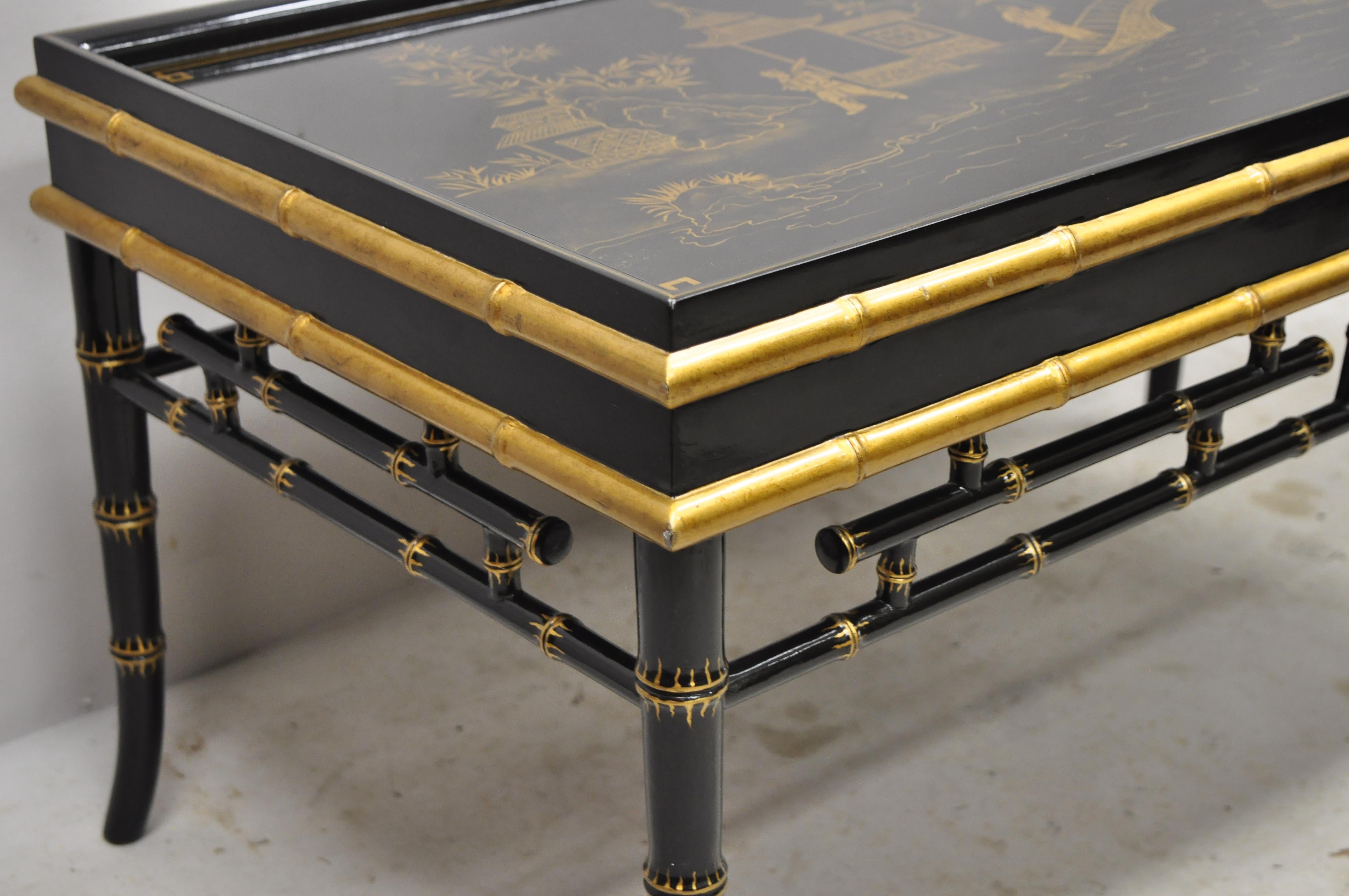 Maitland Smith Chinoiserie Faux Bamboo Black Lacquer Hand Painted Coffee Table 2