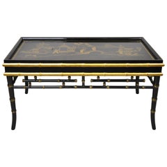 Maitland Smith Chinoiserie Faux Bamboo Black Lacquer Hand Painted Coffee Table