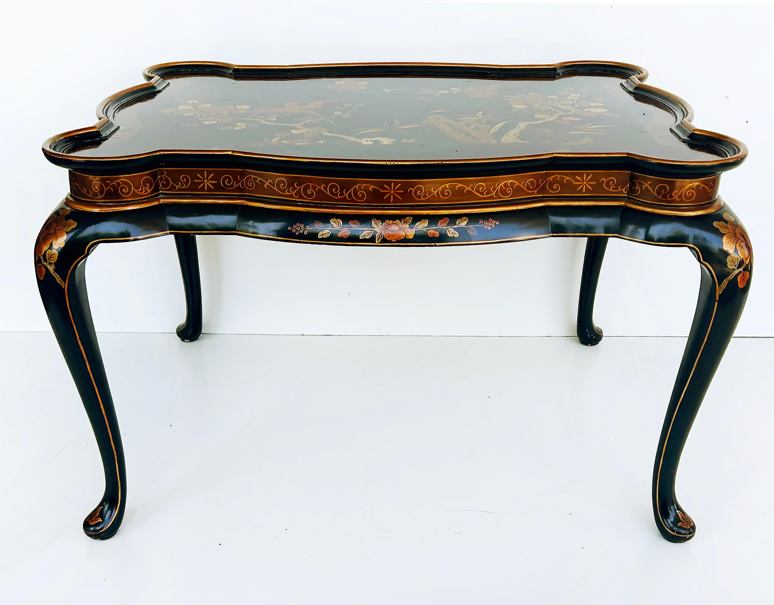 Maitland-Smith Chinoiserie Style Coffee Cocktail Table, Hand-Painted 

Offered for sale is a Maitland-Smith Ltd. hand-painted and gilt chinoiserie-style scalloped coffee/cocktail table. The top surface does show vintage wear that is difficult to