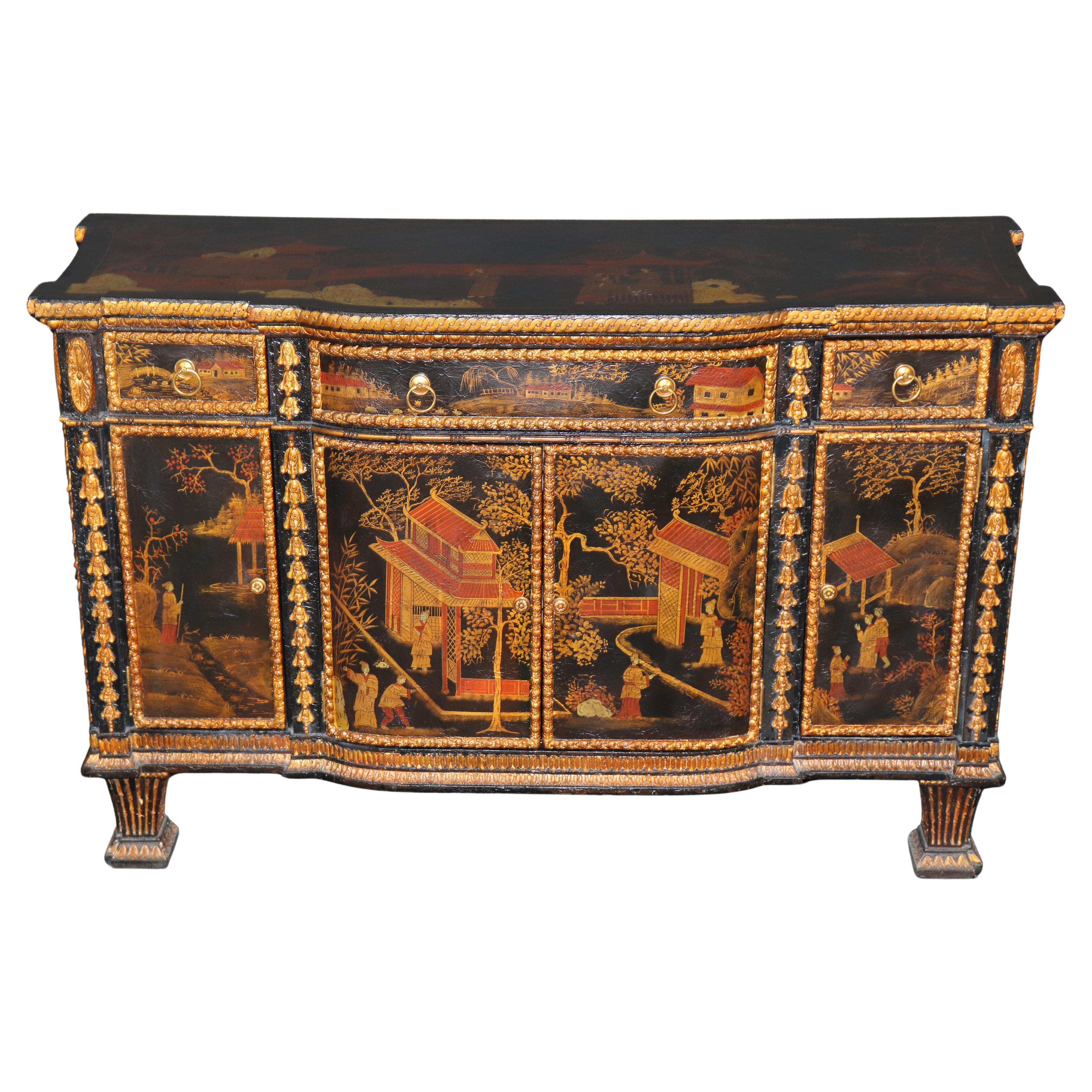 Credenza decorata con vernice dorata e ebanizzata di Maitland Smith in stile Chinoiserie in vendita