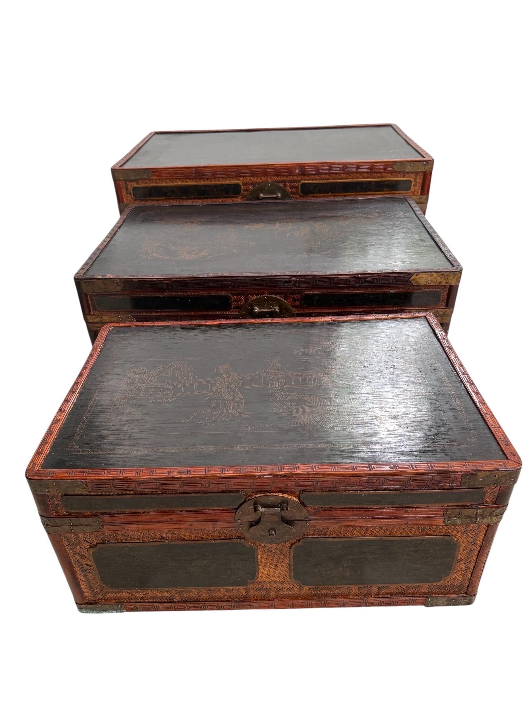 Maitland Smith Chinoiserie-Truhe mit Messingbeschlägen Handbemalte Paneele im Angebot 8
