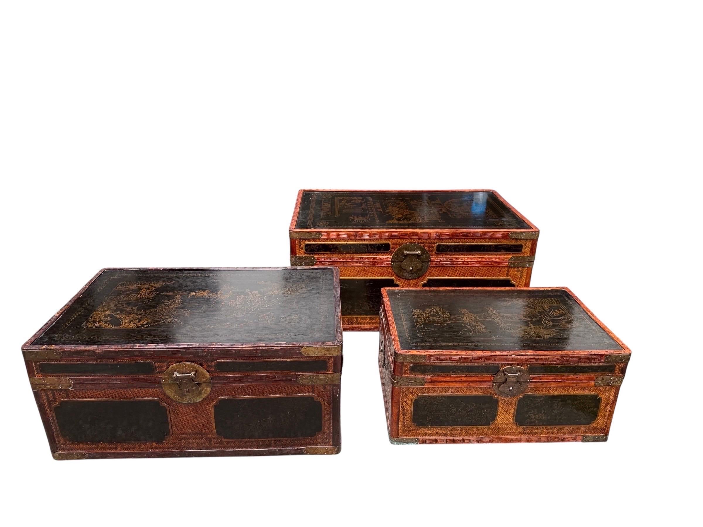 Maitland Smith Chinoiserie-Truhe mit Messingbeschlägen Handbemalte Paneele im Angebot 12