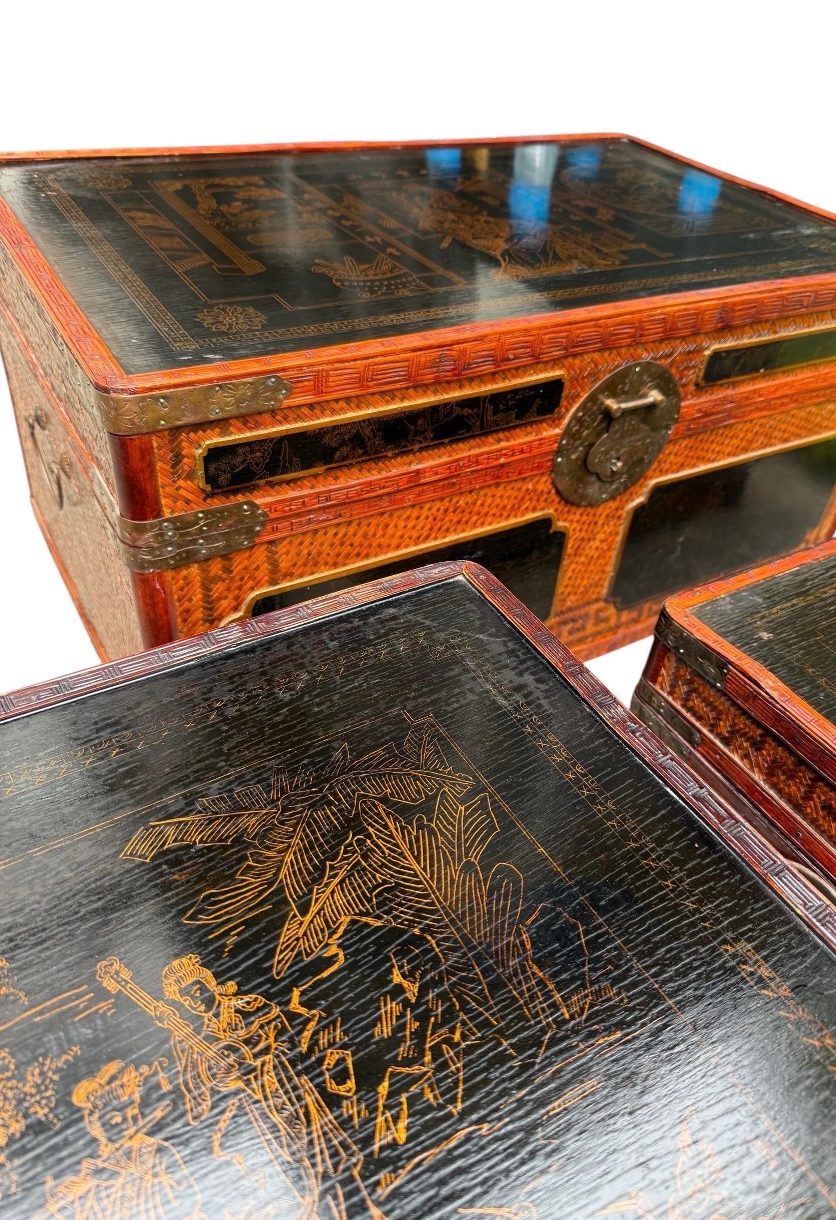 Maitland Smith Chinoiserie-Truhe mit Messingbeschlägen Handbemalte Paneele im Angebot 4